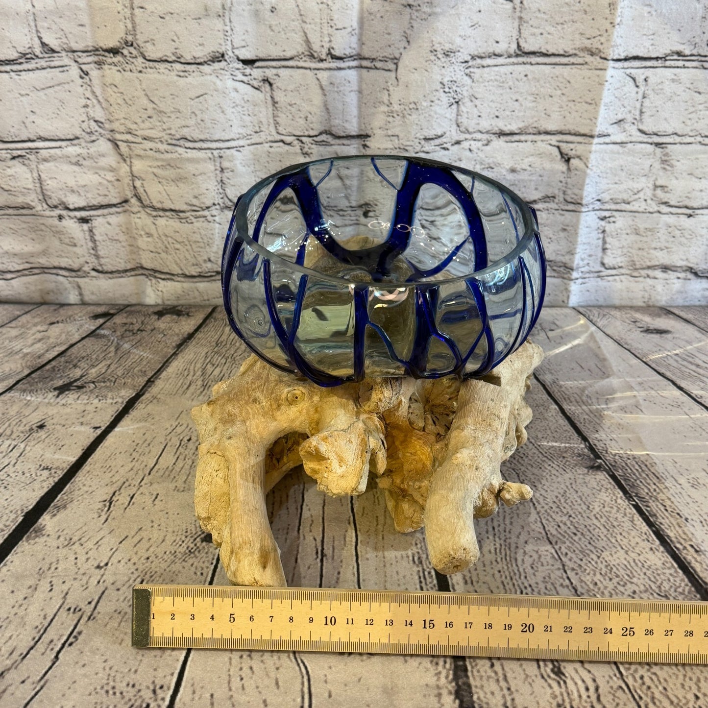 30cm Long Blue Streak Melted Glass Wood Decorative Bowl Glass Sculpture Crafted6