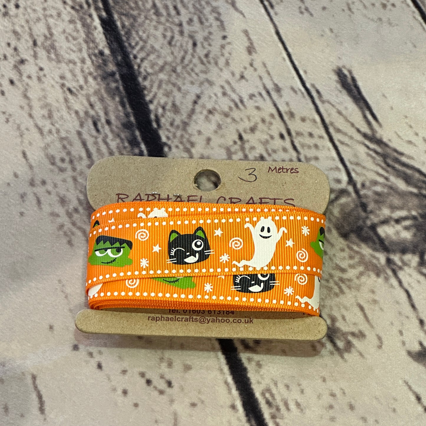Halloween Cat, Ghoul, Monster Orange Grossgrain Pattern 1 Inch Wide Ribbon 3 Meters