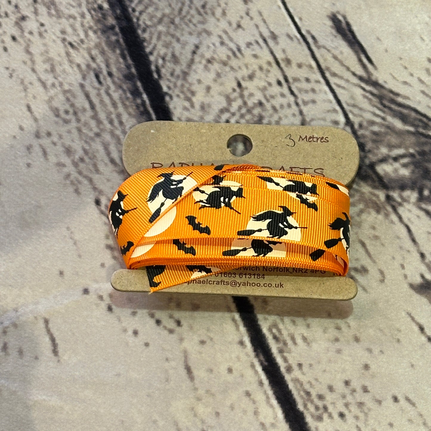 Halloween Flying Witch Orange Grossgrain Pattern 1 Inch Wide Ribbon 3 Meters