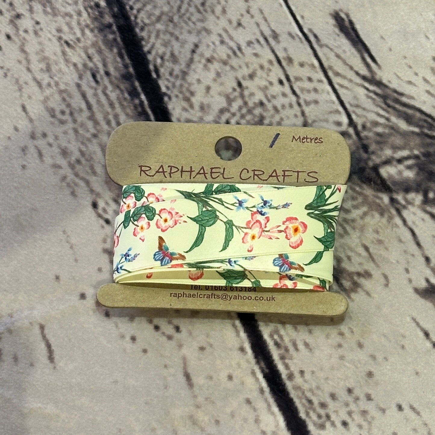 Satin Cream With Flower & Butterfly Pattern 1 Inch Wide Ribbon 3 Meters