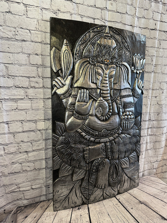 100cm x 60cm Ganesh Silver Panel Wooden Wood Panel Wall Art Plaque Handcarved