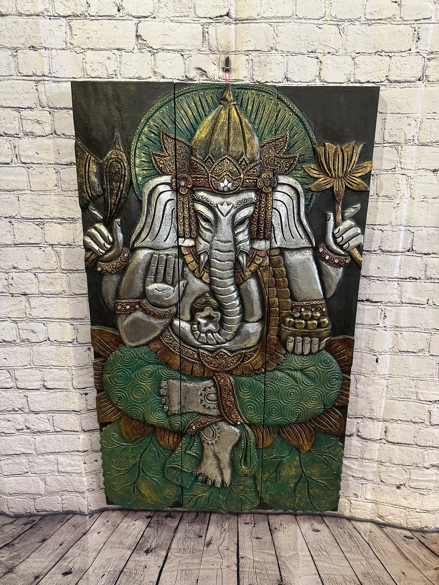 100cm x 60cm Ganesh Colourful Panel Wooden Wood Panel Wall Art Plaque Handcarved