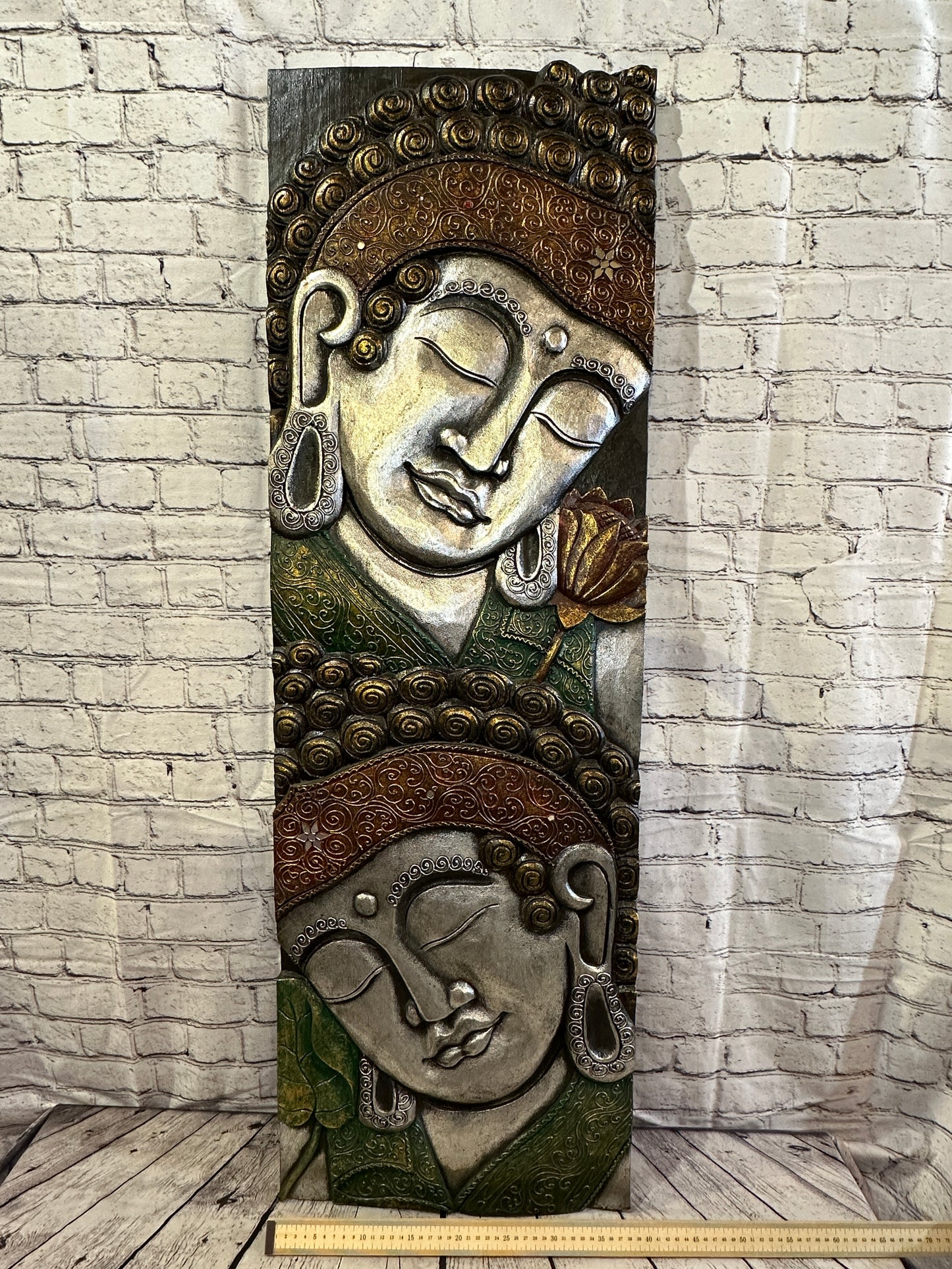 120cm x 40cm Tall Buddha 2 Faces Multi Colour Wooden Wood Panel Wall Art Plaque
