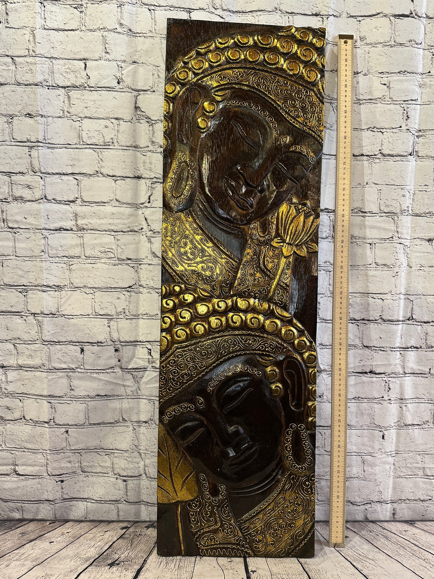 100cm x 30cm Tall Buddha 2 Faces Brown Wooden Wood Panel Wall Art Plaque