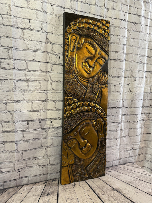 100cm x 30cm Tall Buddha 2 Faces Gold Wooden Wood Panel Wall Art Plaque