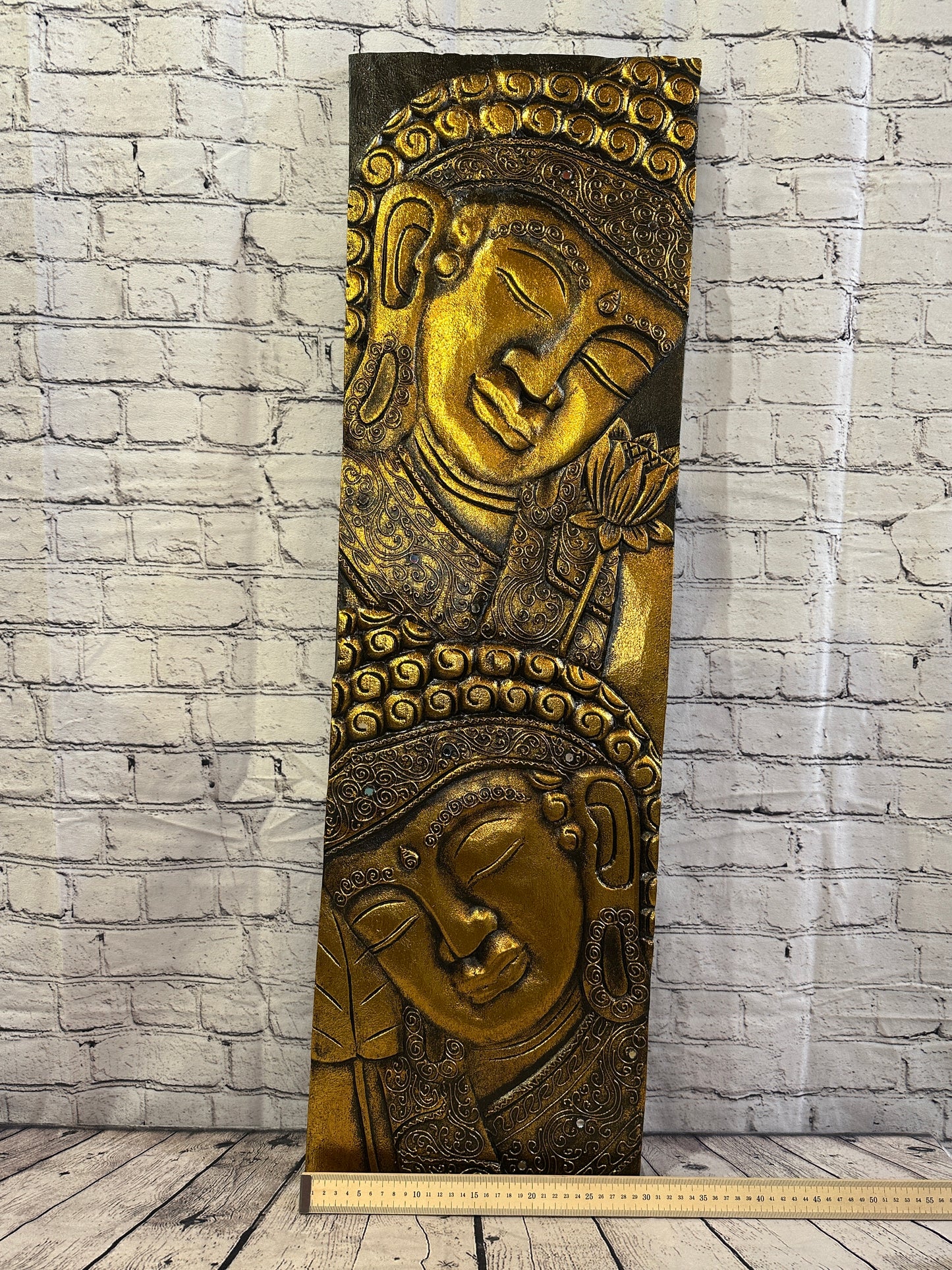 100cm x 30cm Tall Buddha 2 Faces Gold Wooden Wood Panel Wall Art Plaque