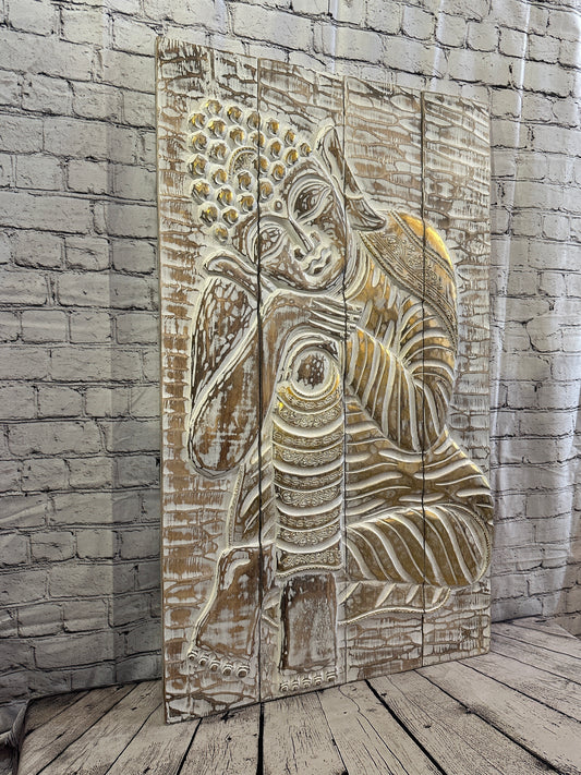 100cm x 60cm Buddha Brown Gold Wooden Wood Panel Wall Art Plaque Handcarved