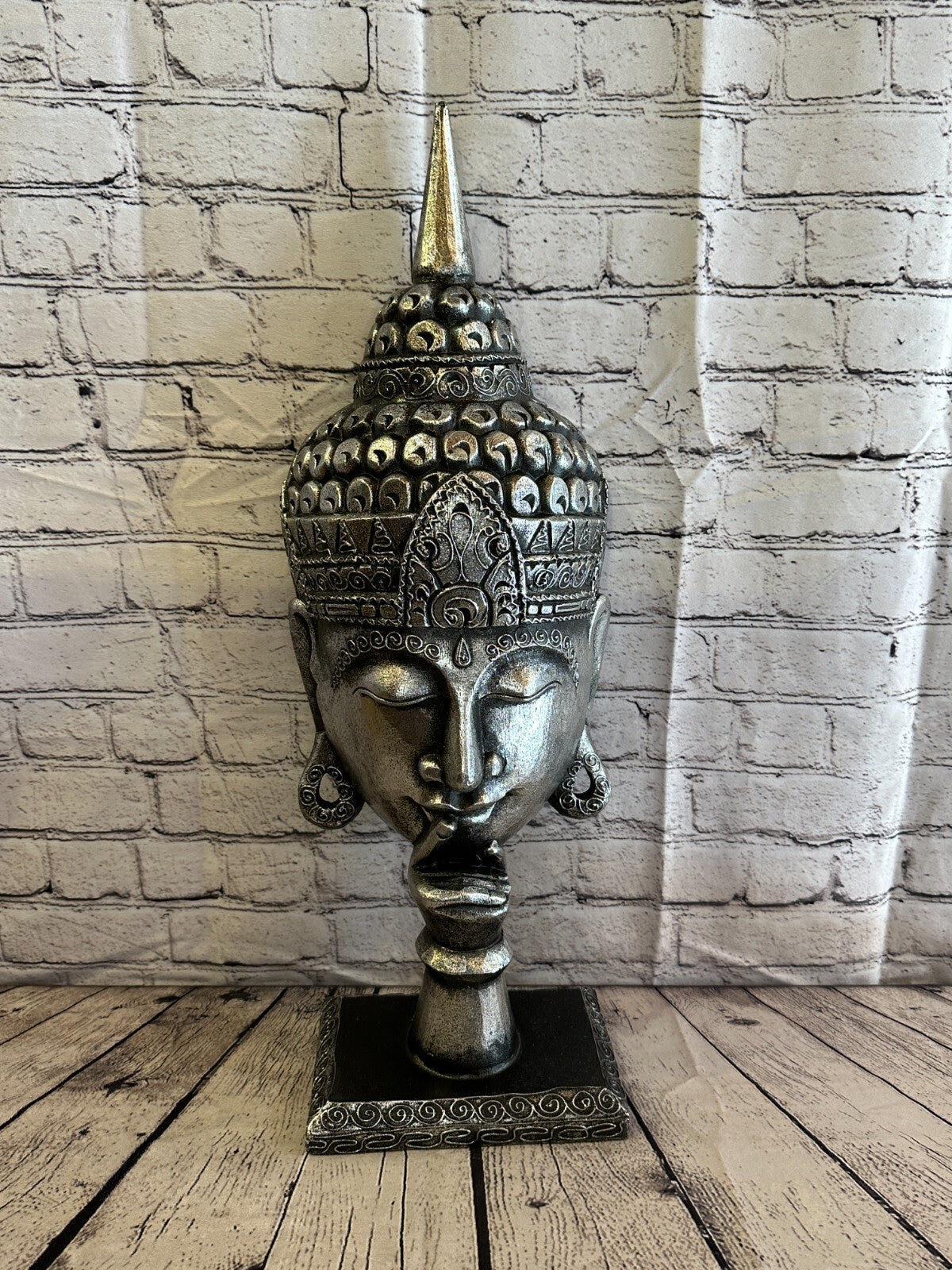 65cm Silver Buddha Head Wooden Standing Statue Figurine Ornament Fair Trade