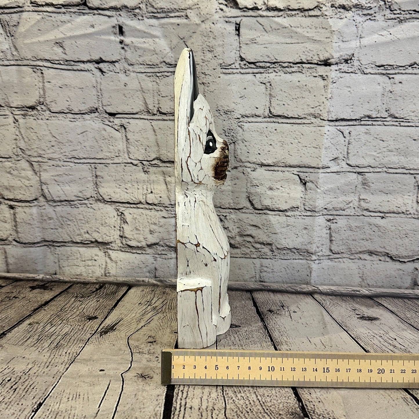 30cm x 12cm White Flower Wooden Shabby Cat Statue Ornament Fair Trade Handcarved