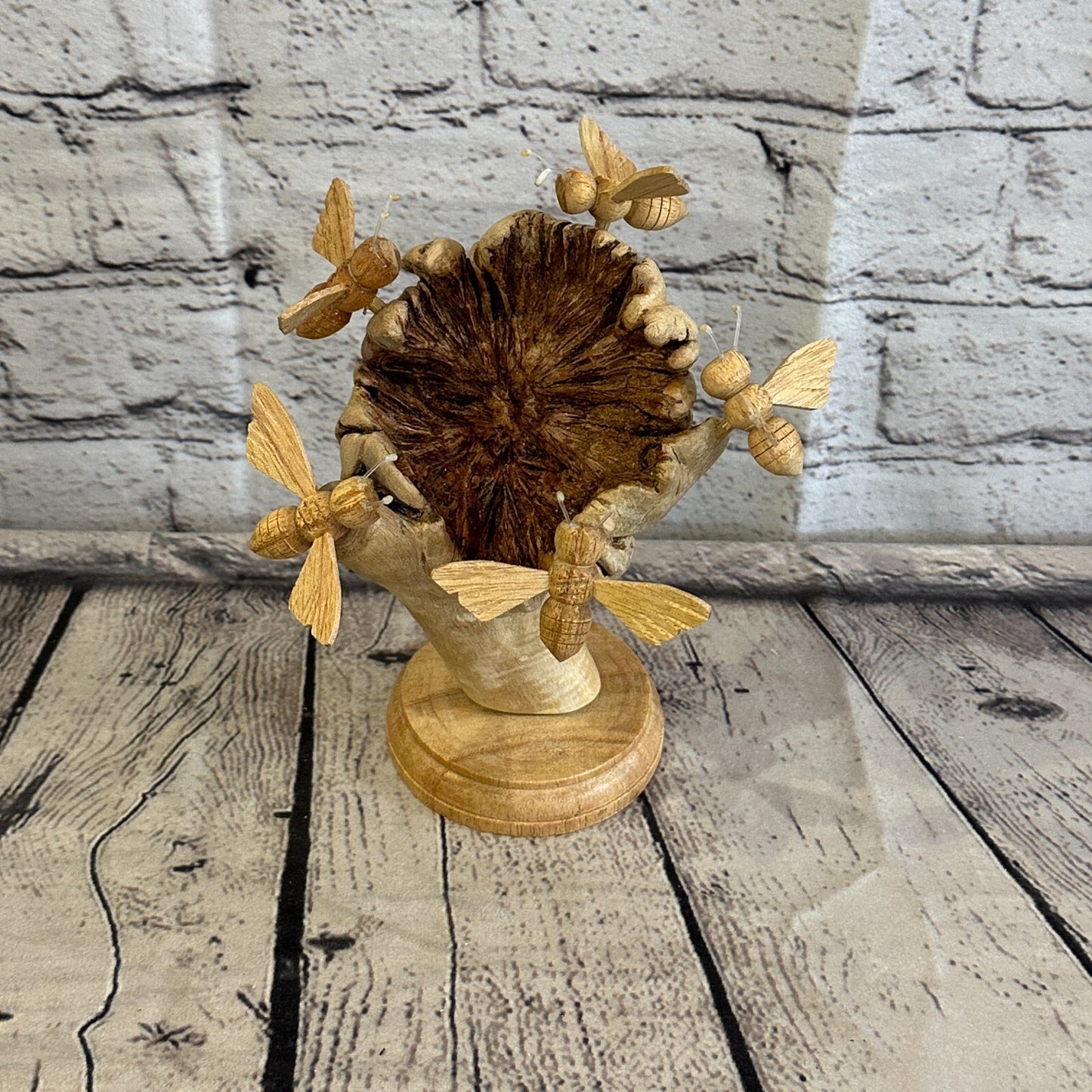 5 Bees Honeycomb Mushroom Parasite Wood Ornament Natural Carving Wooden Standing