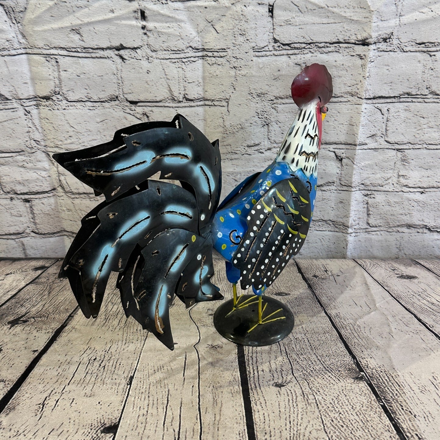40cm x 25cm Black Blue Metal Chicken Ornament Painted Statue Candle Holder