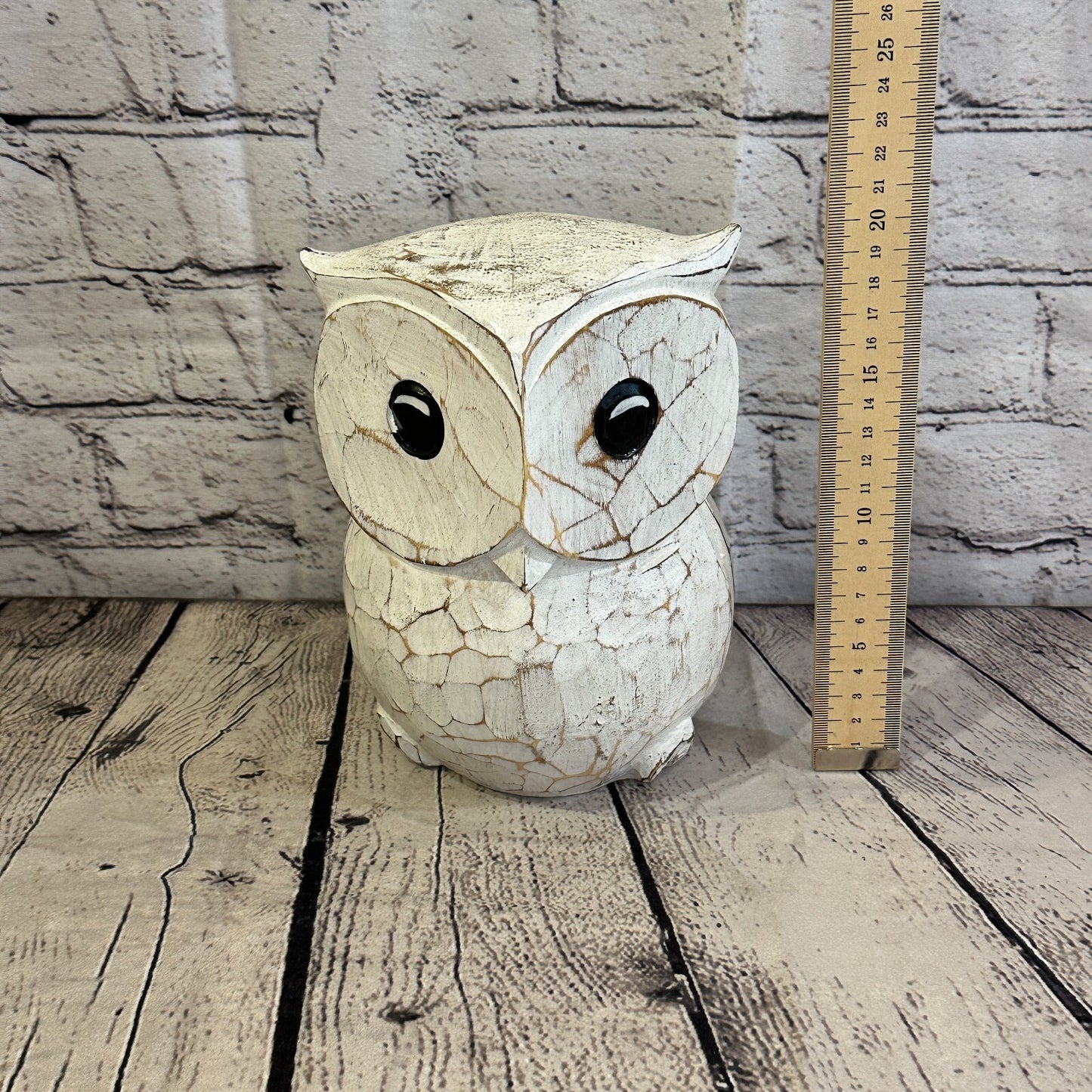 20cm x 15cm White Flower Wooden Shabby Owl Statue Ornament Fair Trade Handcarved