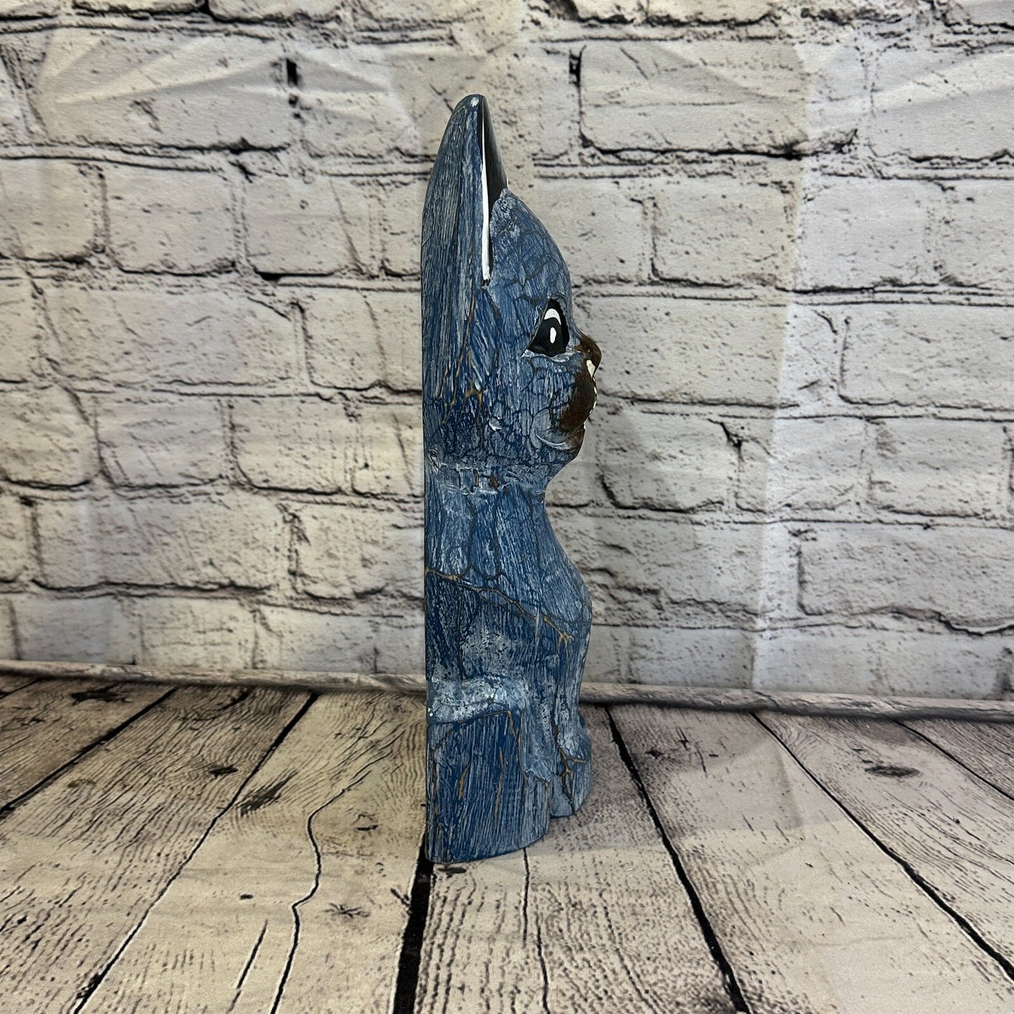30cm x 12cm Blue Flower Wooden Shabby Cat Statue Ornament Fair Trade Handcarved