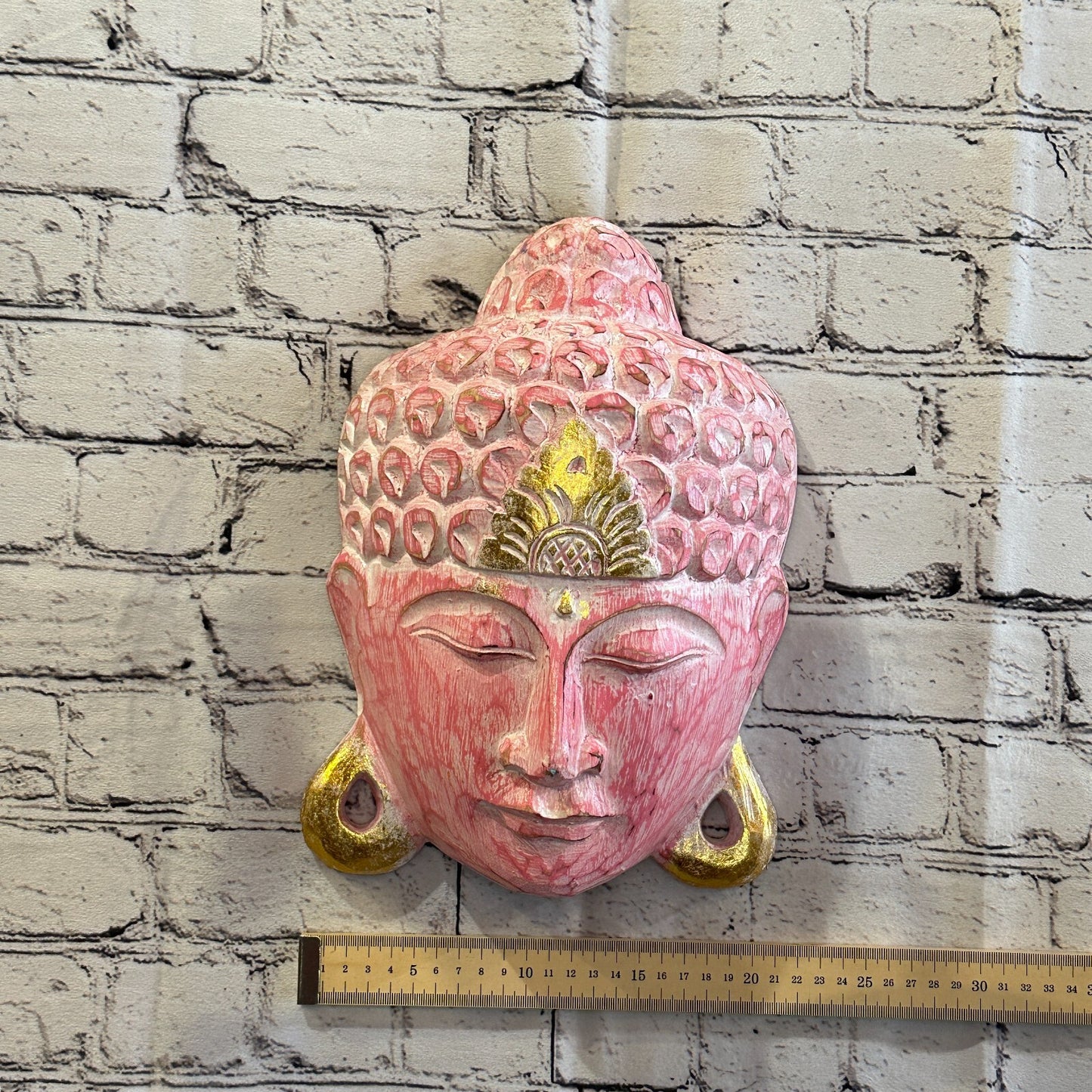 30cm x 20cm Pink Buddha Head Mask Wooden Hanging Statue Figurine Ornament
