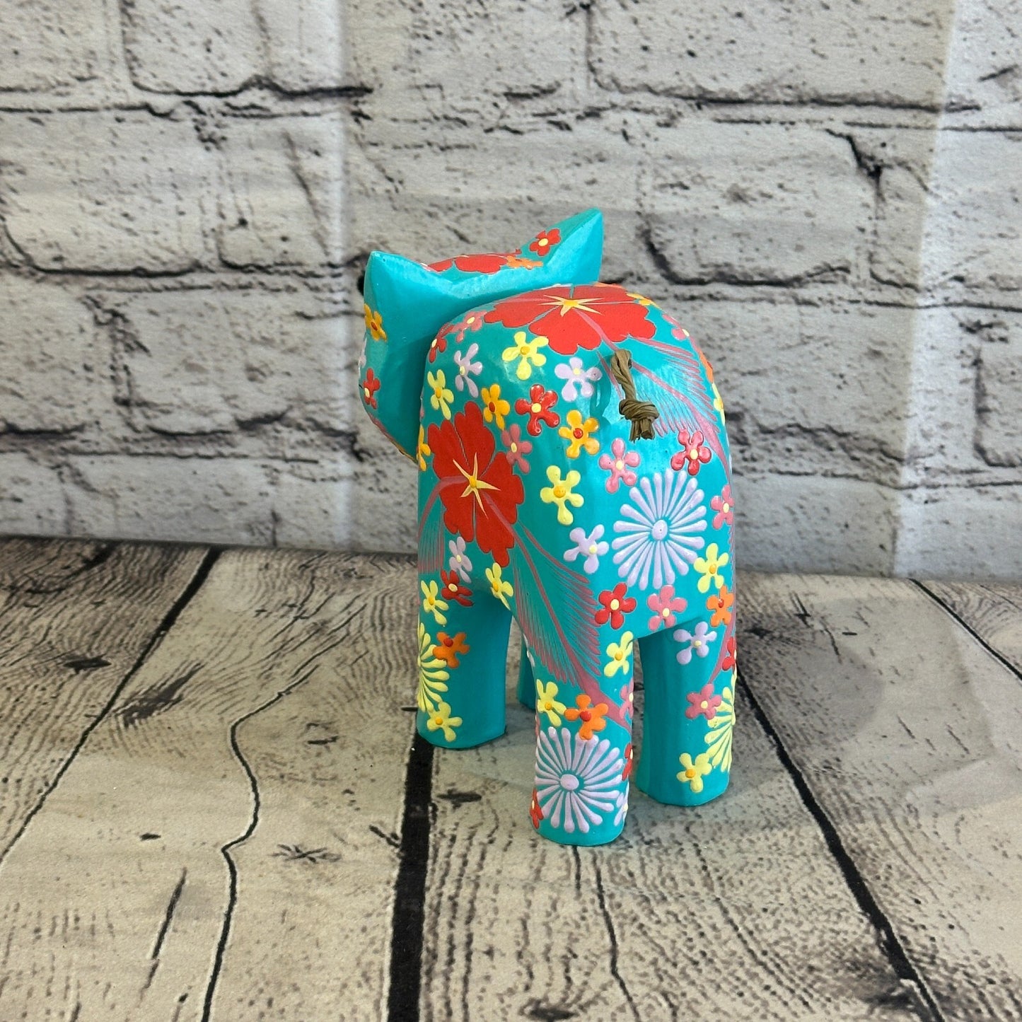 Blue Large Wooden Cat With Flower Pattern 15cm x 10cm Handmade and Fairtrade