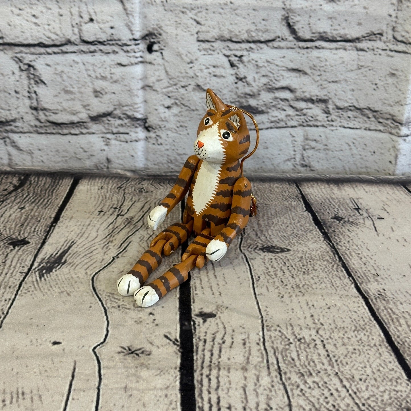 10cm Tabby Cat Sitting Animal, Wooden Shelf Ornament Handmade and Fairtrade