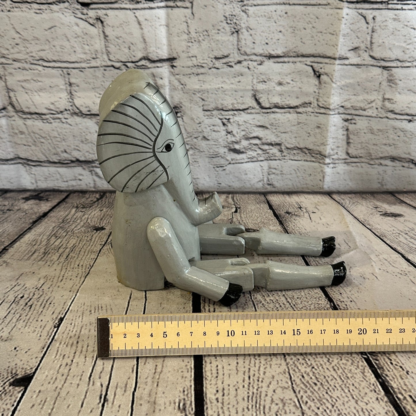 20cm Grey Elephant Sitting Animal, Wooden Shelf Ornament Handmade & Fairtrade