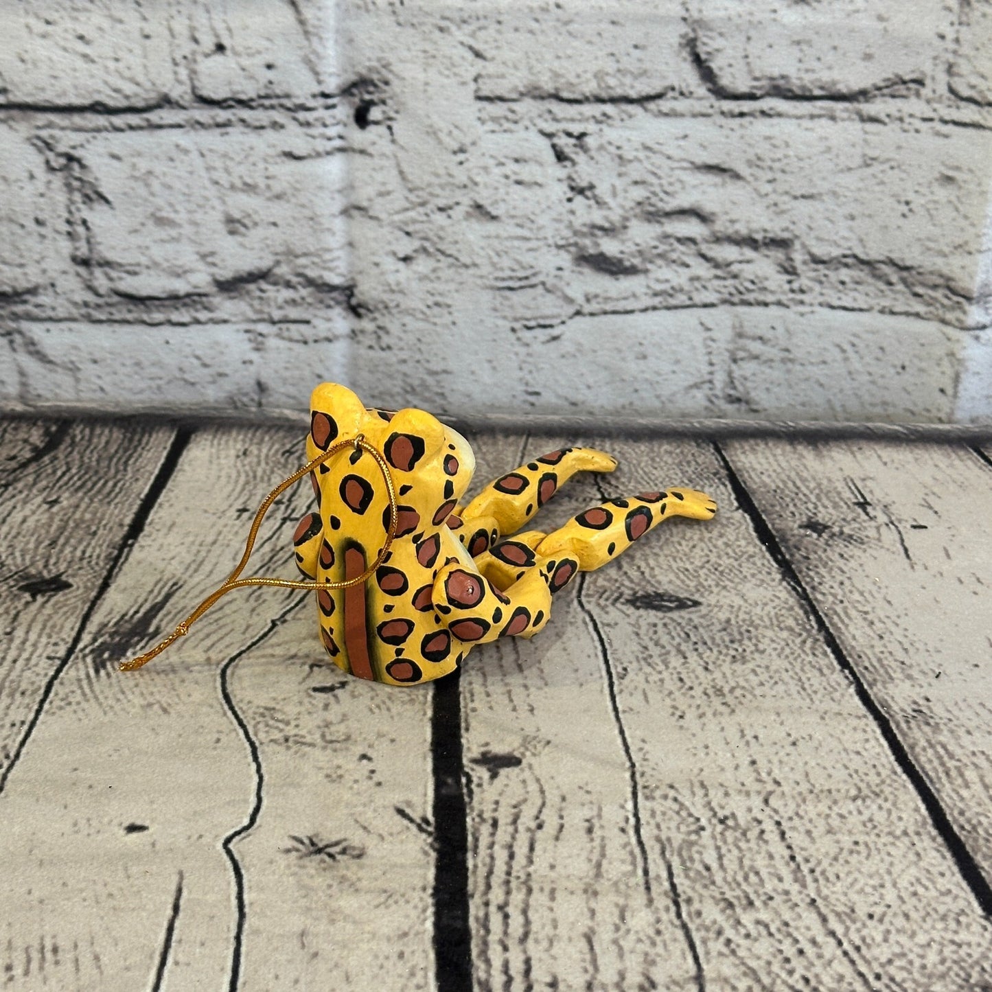 10cm Yellow Frog Sitting Animal, Wooden Shelf Ornament Handmade and Fairtrade