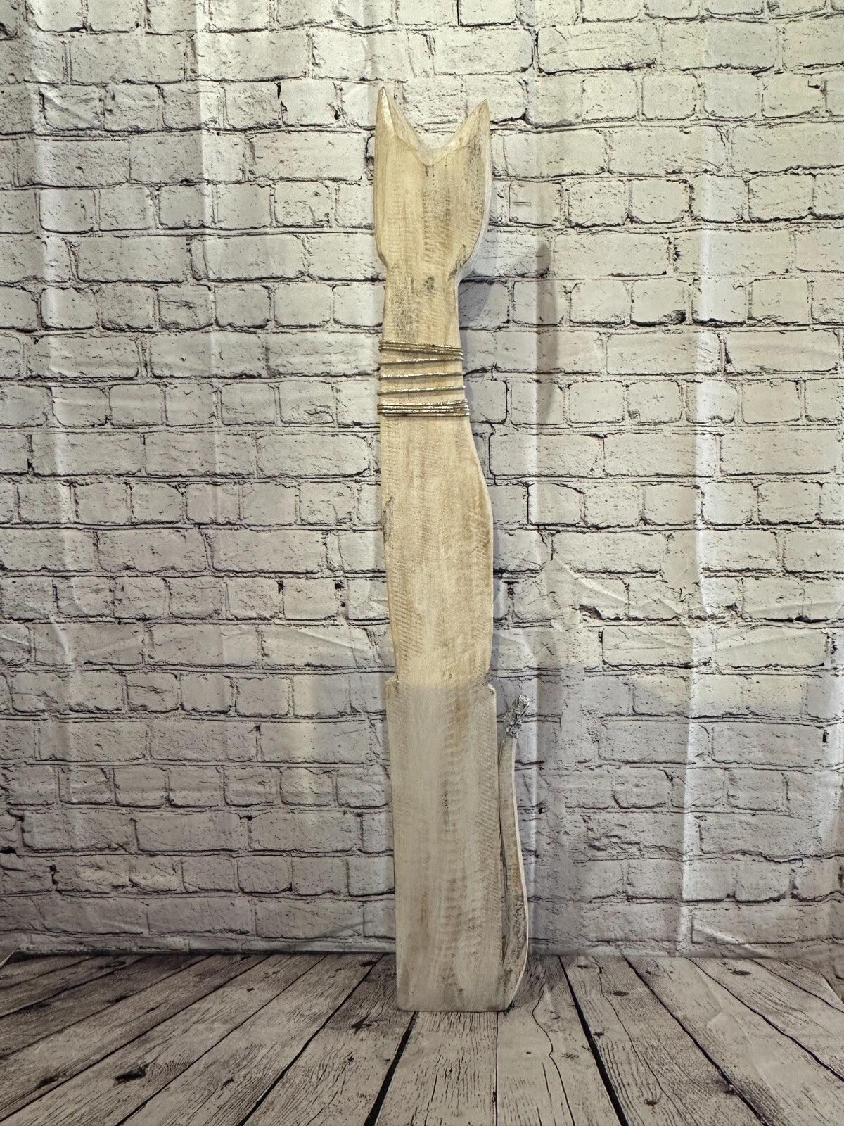 100cm White Swirl Flower Wooden Shabby Cat Statue Ornament Fair Trade Handcarved
