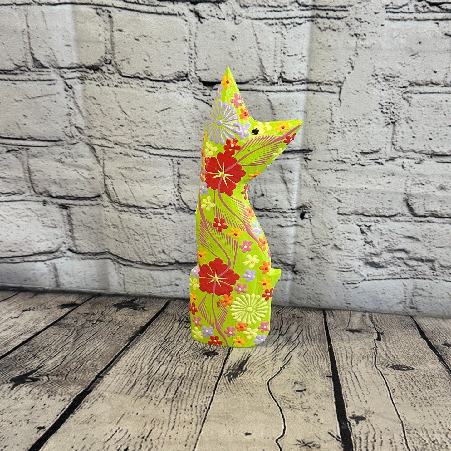 Green Flat Back Wooden Cat With Flower Pattern 25cm x 8cm Handmade and Fairtrade