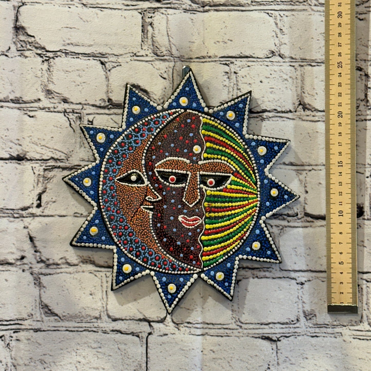 25cm Sun & Moon Carved Wooden Dot Painted Ethnic Tribal Tiki Wall Handmade No 2