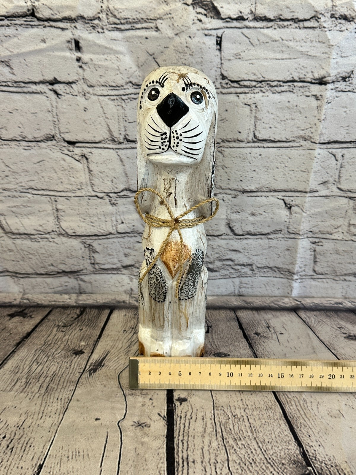 30cm White Flower Wooden Shabby Dog Statue Ornament Fair Trade Handcarved