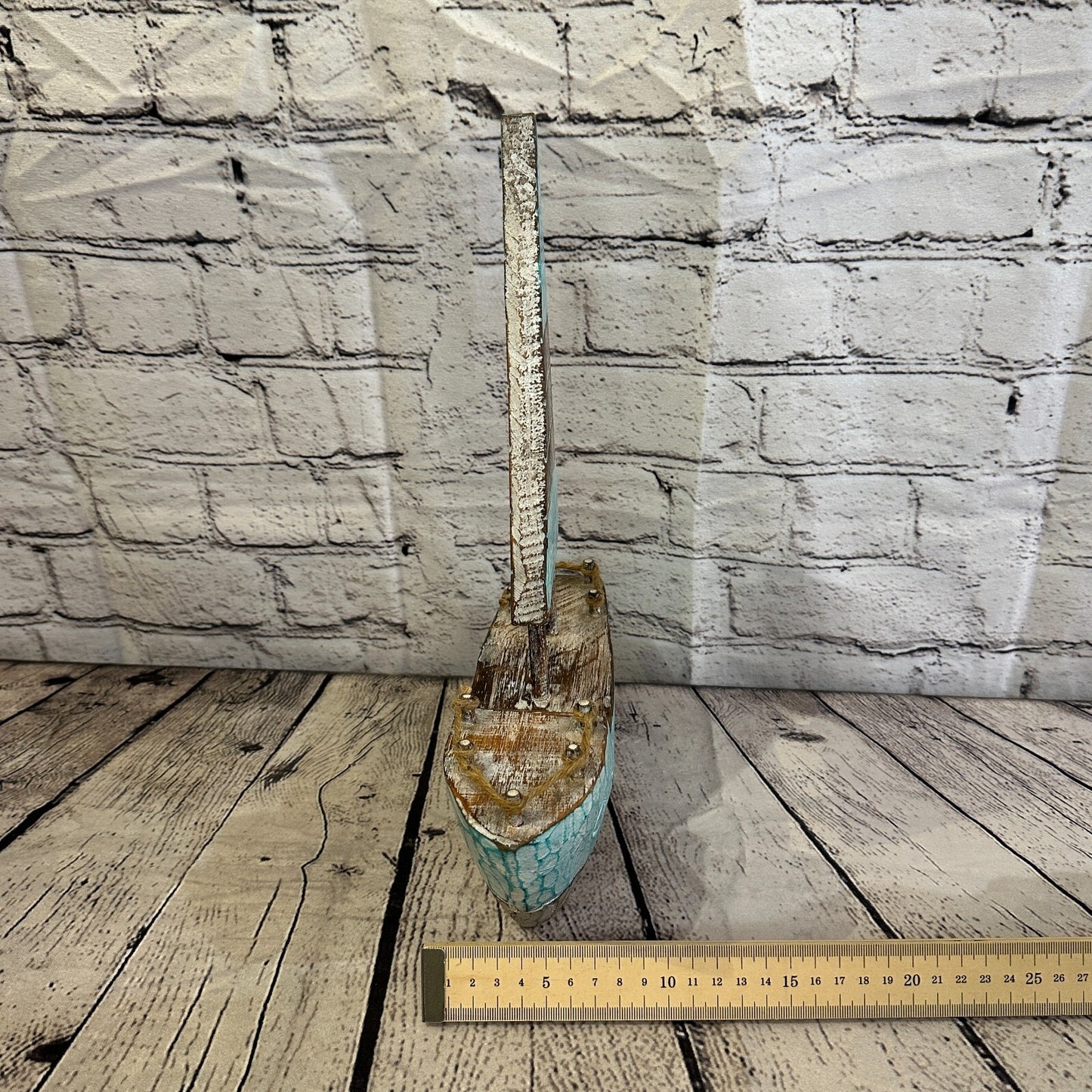 35cm Rustic Wooden Brown & Green Sailing Boat Nautical Ornament Sculpture Decor