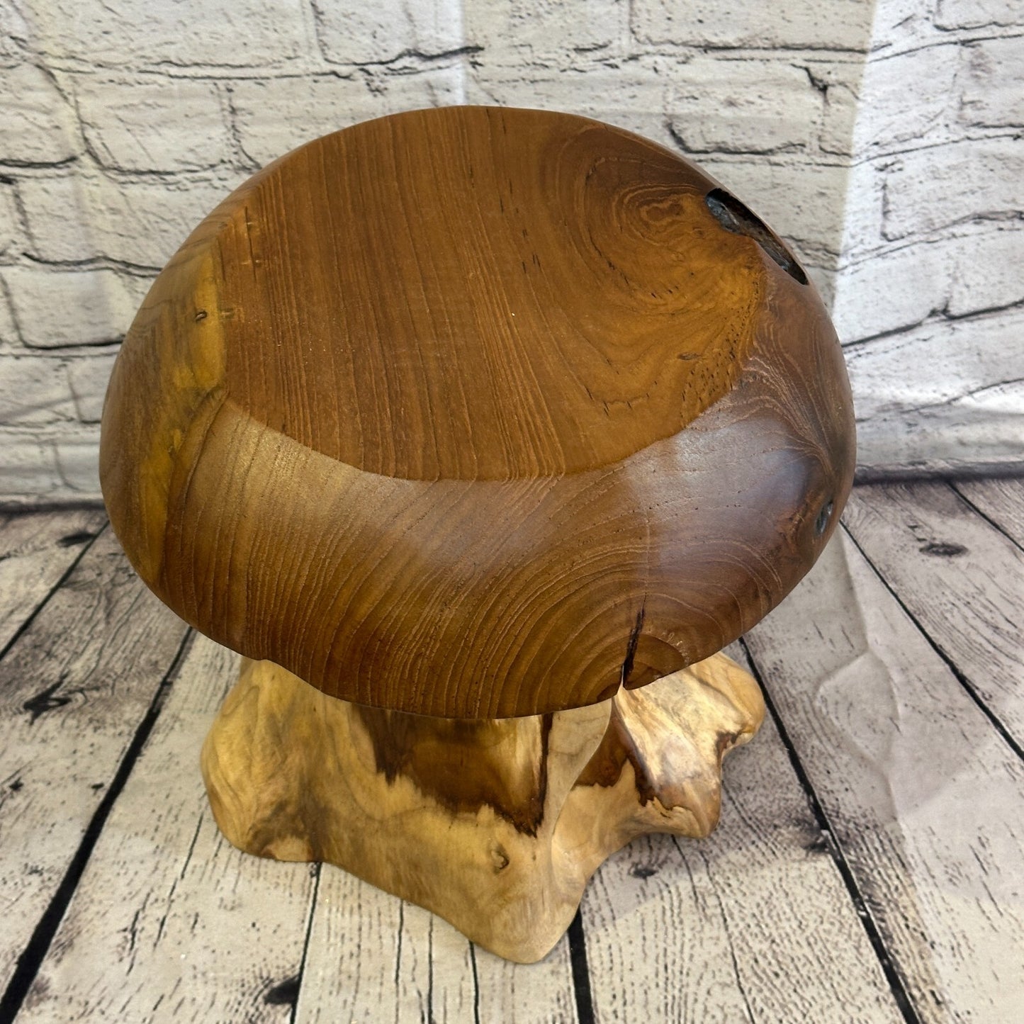 30cm x 25cm Wooden Mushroom Toadstool Sculpture Garden Teak Root Ornament Carved