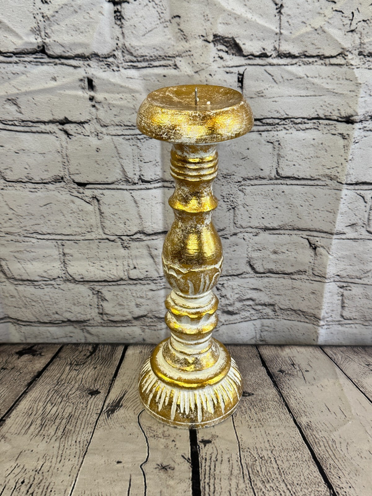 30cm Gold Tall Candlestick Shabby Chic Distressed Solid Column Candle Holder