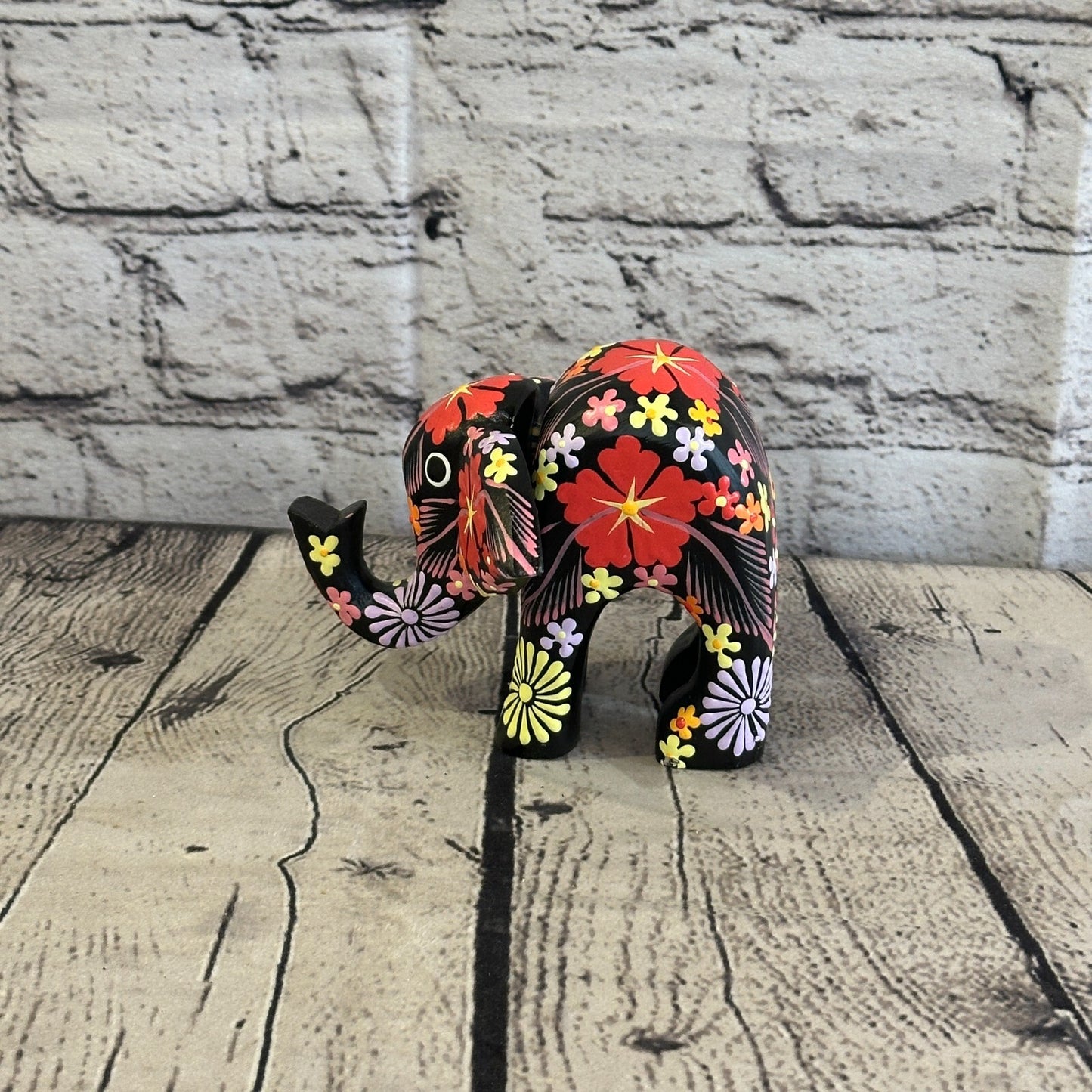 Black Wooden Elephant With Flower Pattern 10cm x 12cm Handmade and Fairtrade