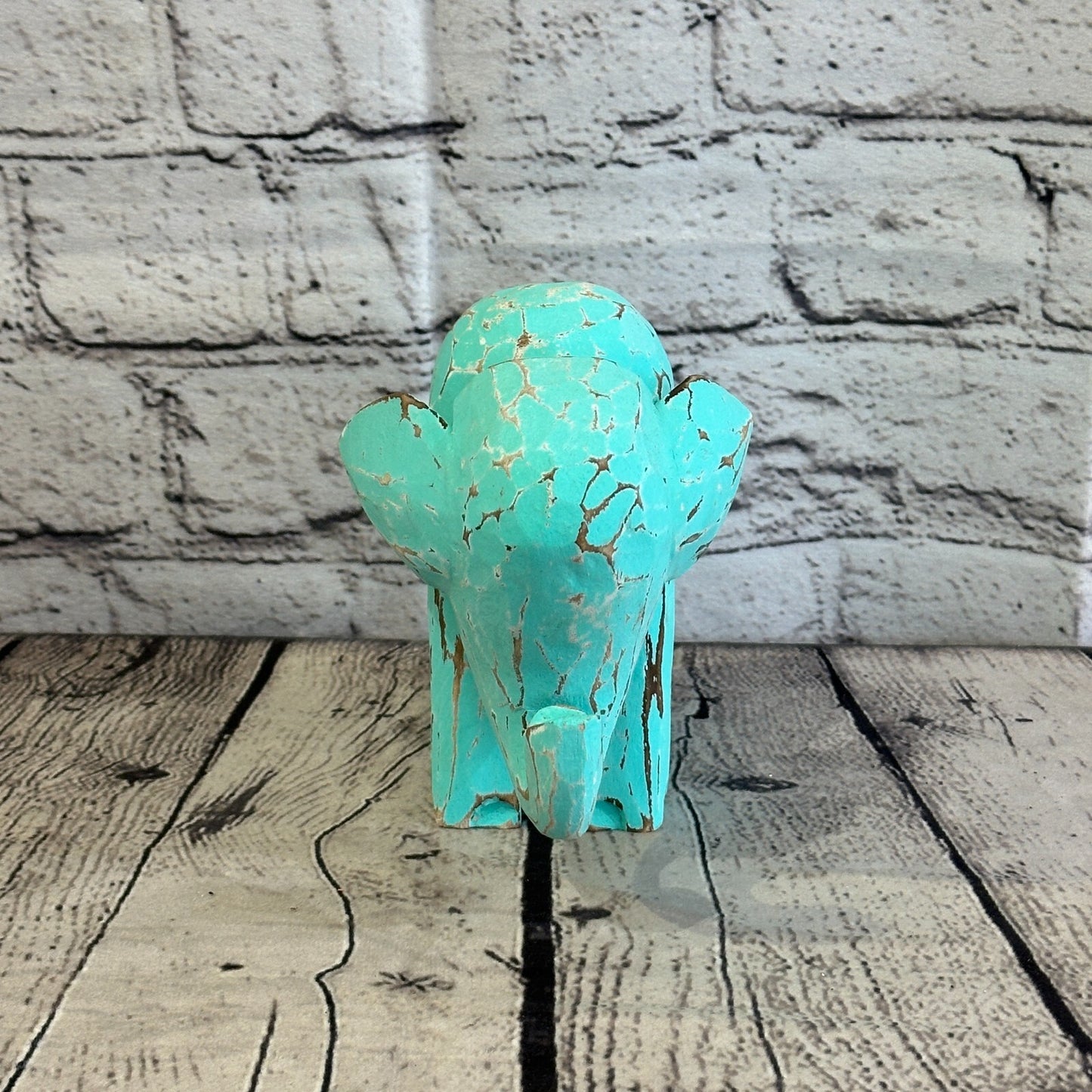 Green Wooden Elephant With Shabby Pattern 12cm x 12cm Handmade and Fairtrade