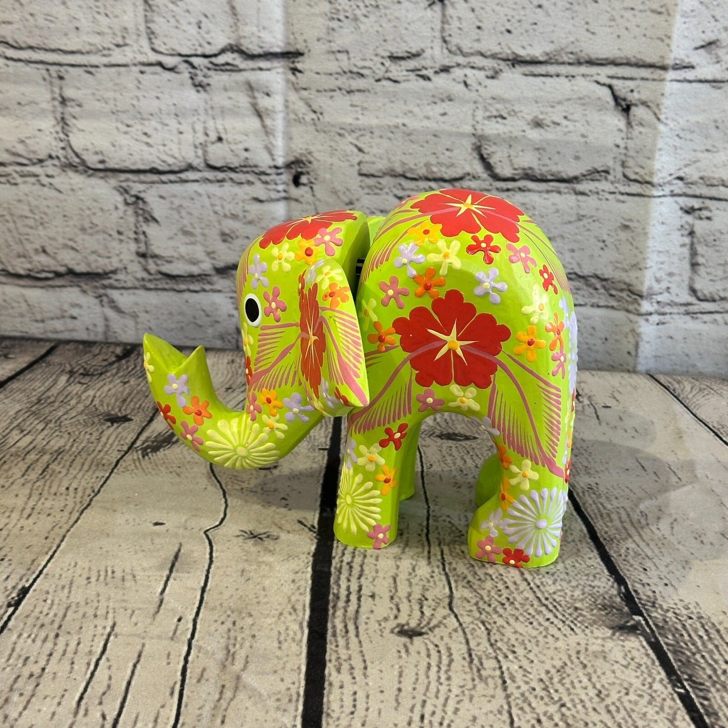Green Wooden Elephant With Flower Pattern 15cm x 18cm Handmade and Fairtrade