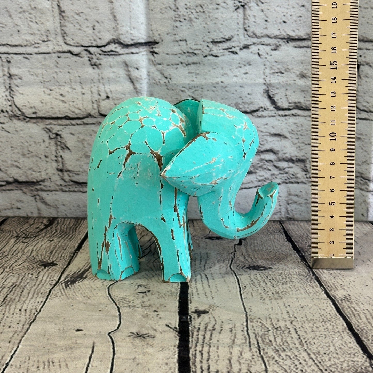 Green Wooden Elephant With Shabby Pattern 12cm x 12cm Handmade and Fairtrade