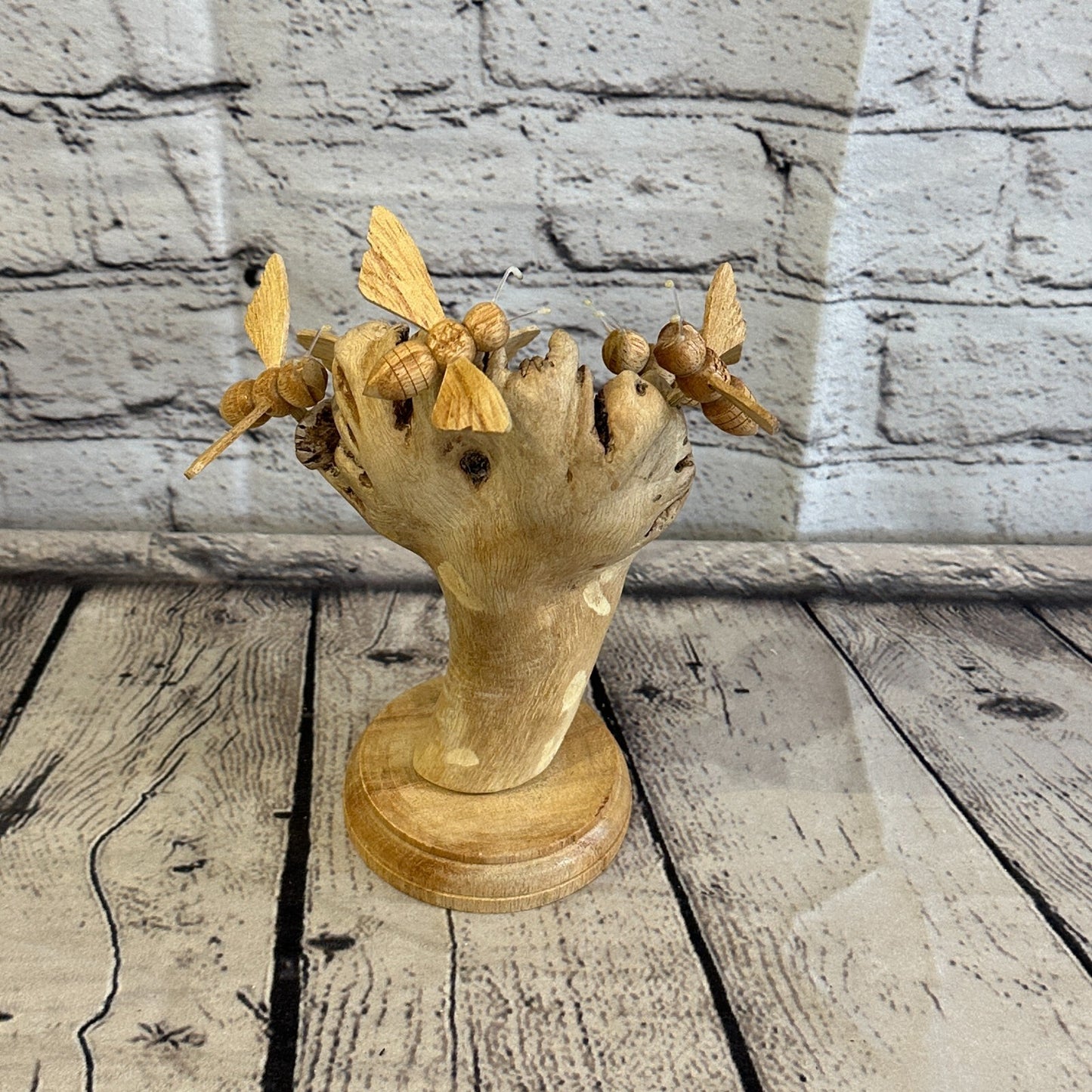 5 Bees Honeycomb Mushroom Parasite Wood Ornament Natural Carving Wooden Standing