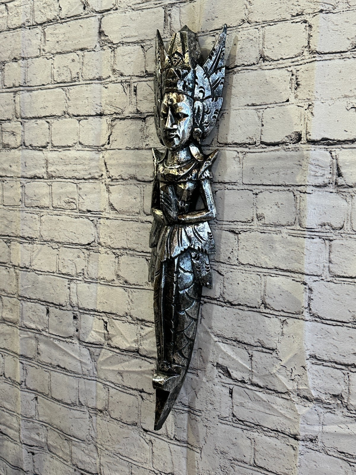 Silver Antique Colour Sita Dewi Bali Rice Goddess Wings Mermaid Wood 60cm Pair