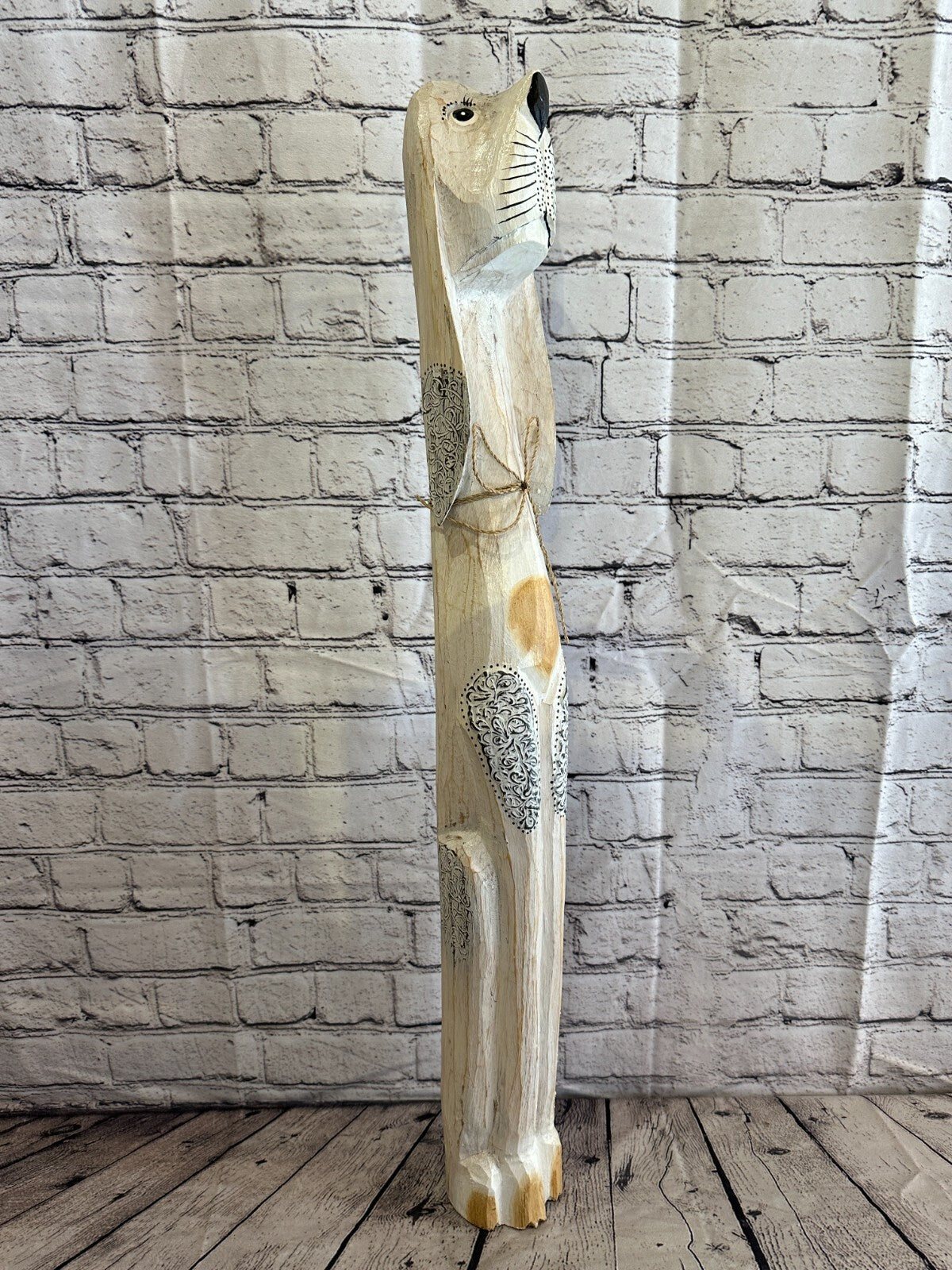 80cm White Flower Wooden Shabby Dog Statue Ornament Fair Trade Handcarved