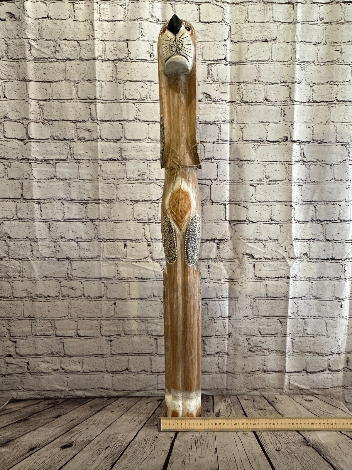 100cm Light Brown Flower Wooden Shabby Dog Statue Ornament Fair Trade Handcarved
