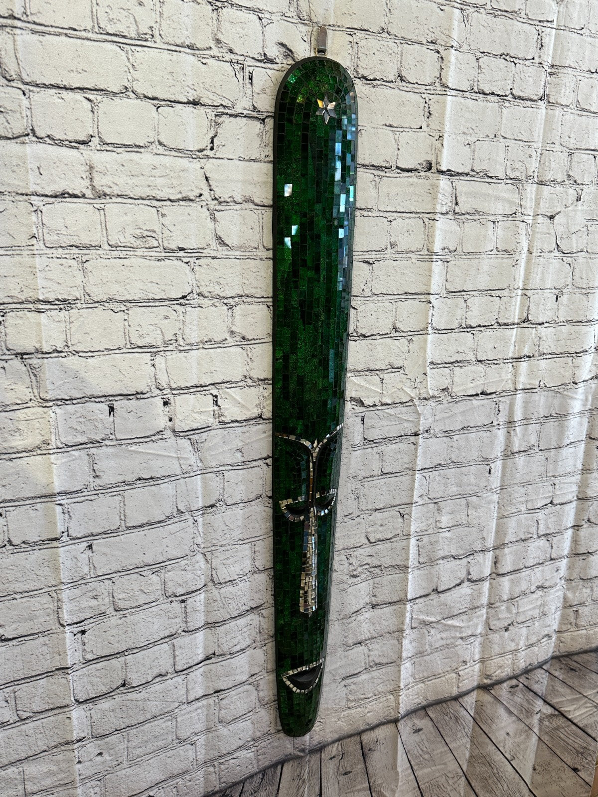 80cm Green Mosaic Mirror Mask Carved Painted Ethnic Tribal Wall Art Handmade