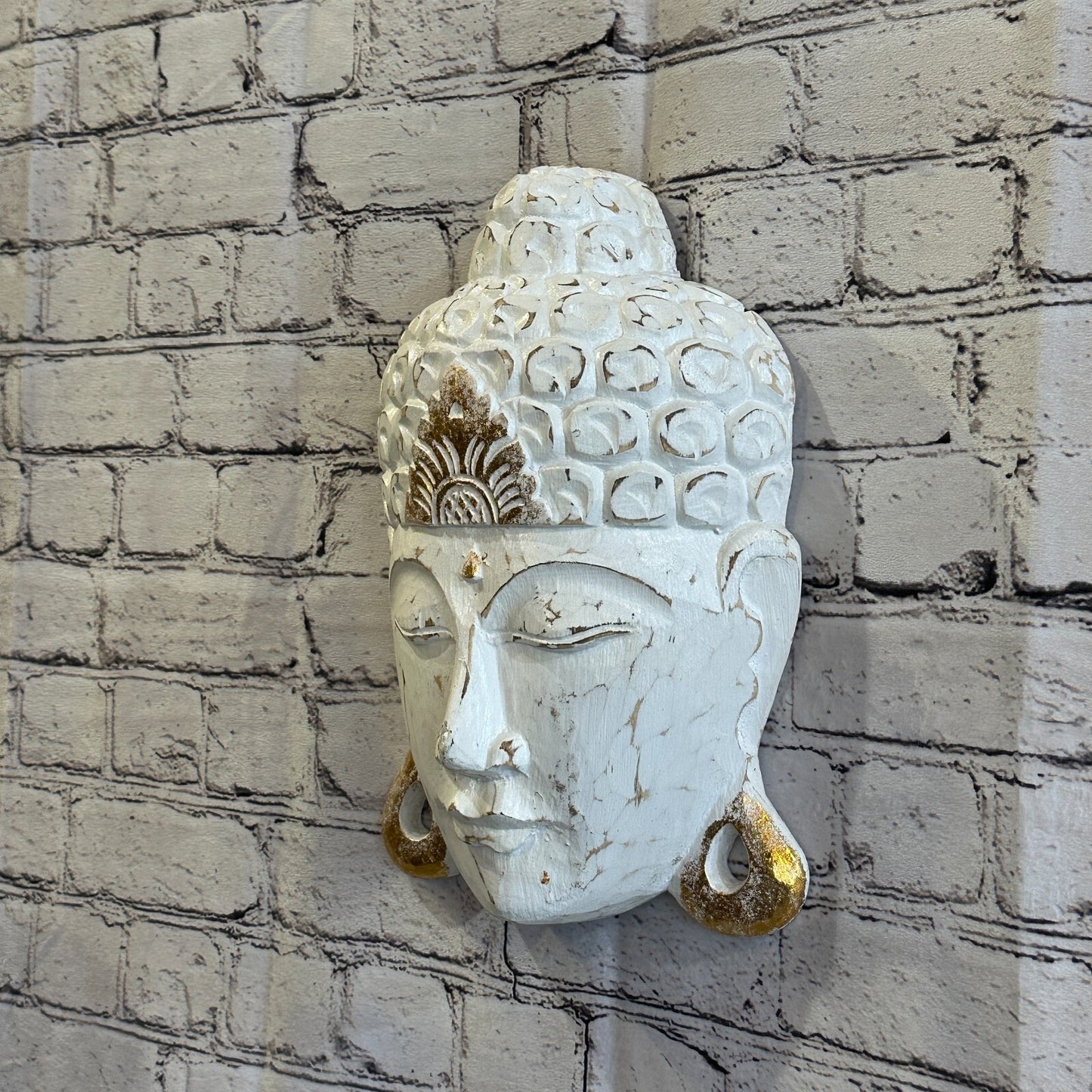 30cm x 20cm White Buddha Head Mask Wooden Hanging Statue Figurine Ornament