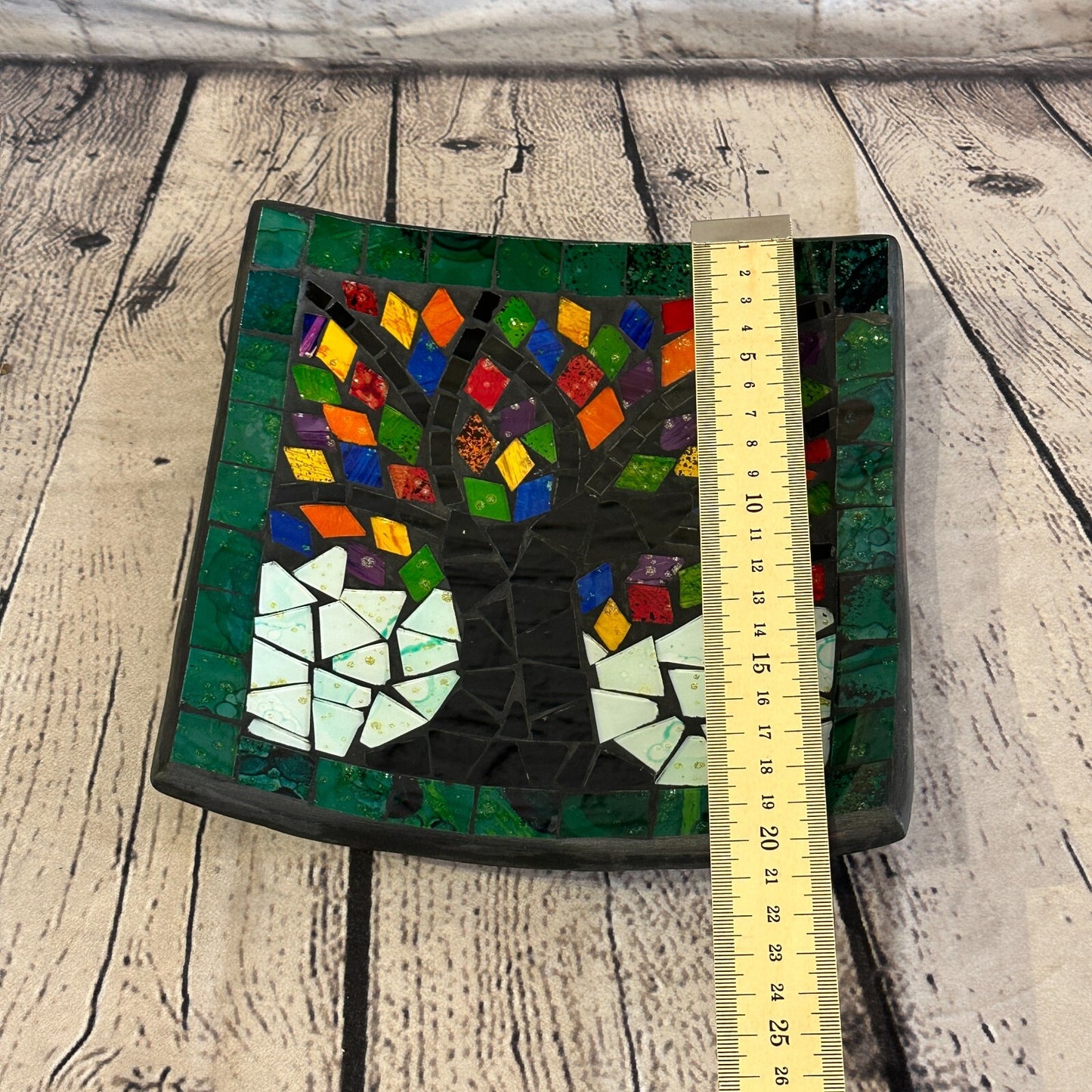 20cm Rainbow Tree Of Life Square Mosaic Handmade Ceramic Glass Tile Bowl Fruit
