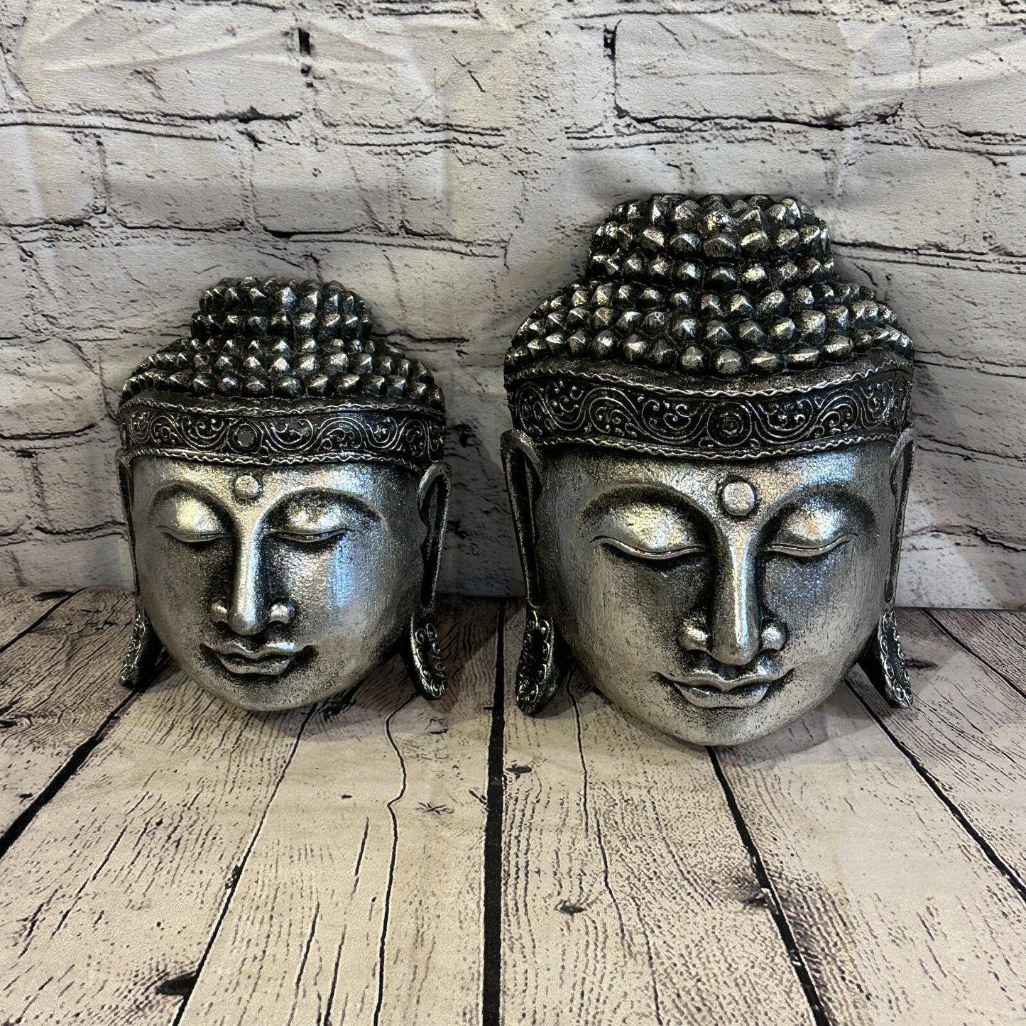 25cm Silver Buddha Head Mask Wooden Hanging Statue Figurine Ornament Fair Trade