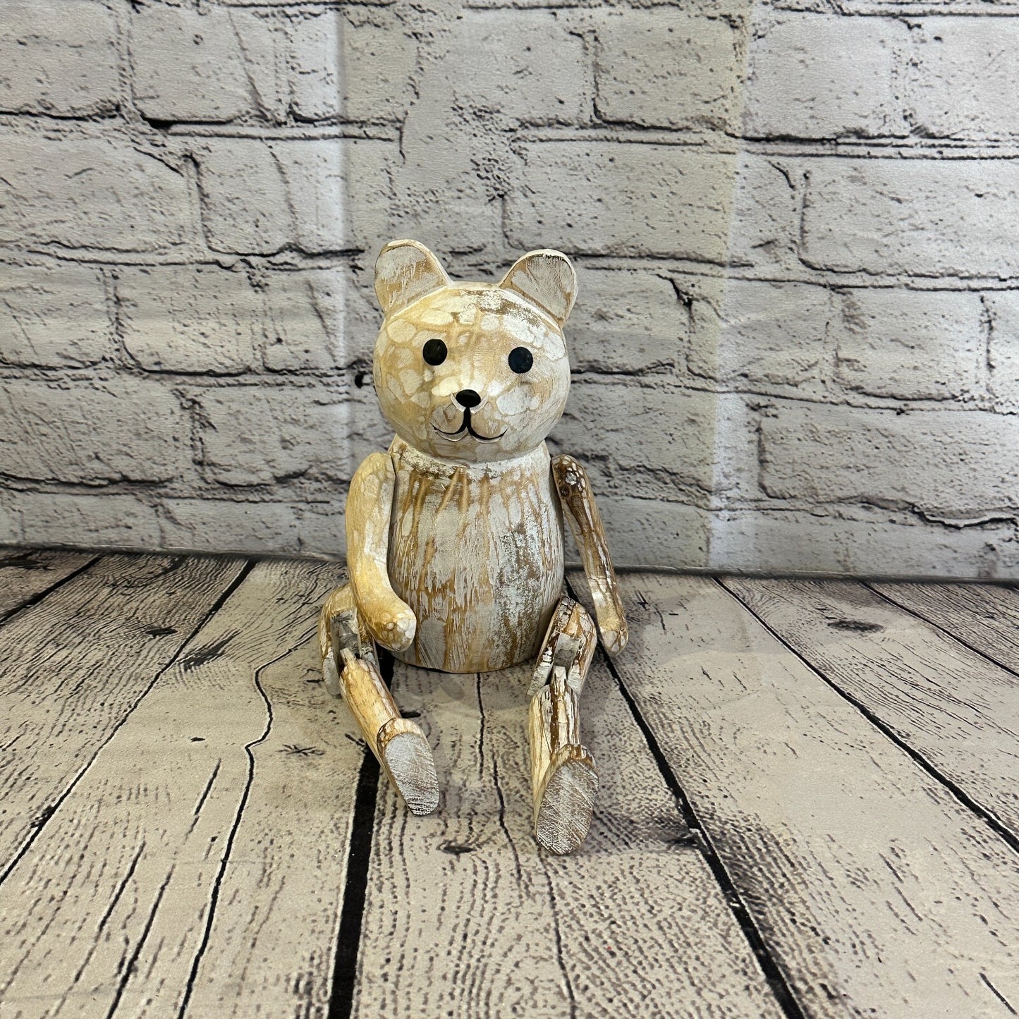 18cm Shabby White Teddy Sitting Animal Wooden Shelf Ornament Handmade Fairtrade