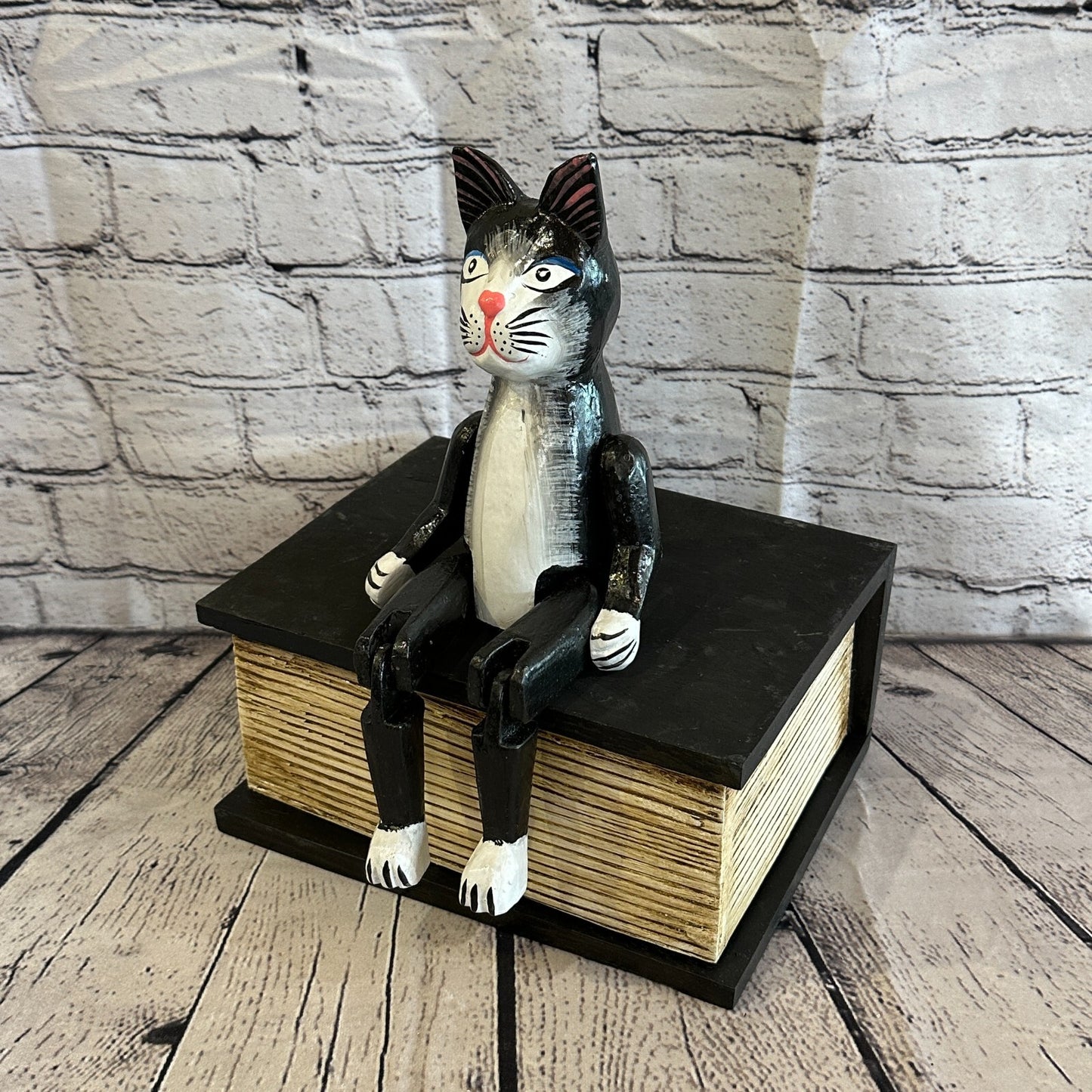 20cm Black Cat Sitting Animal, Wooden Shelf Ornament Handmade & Fairtrade
