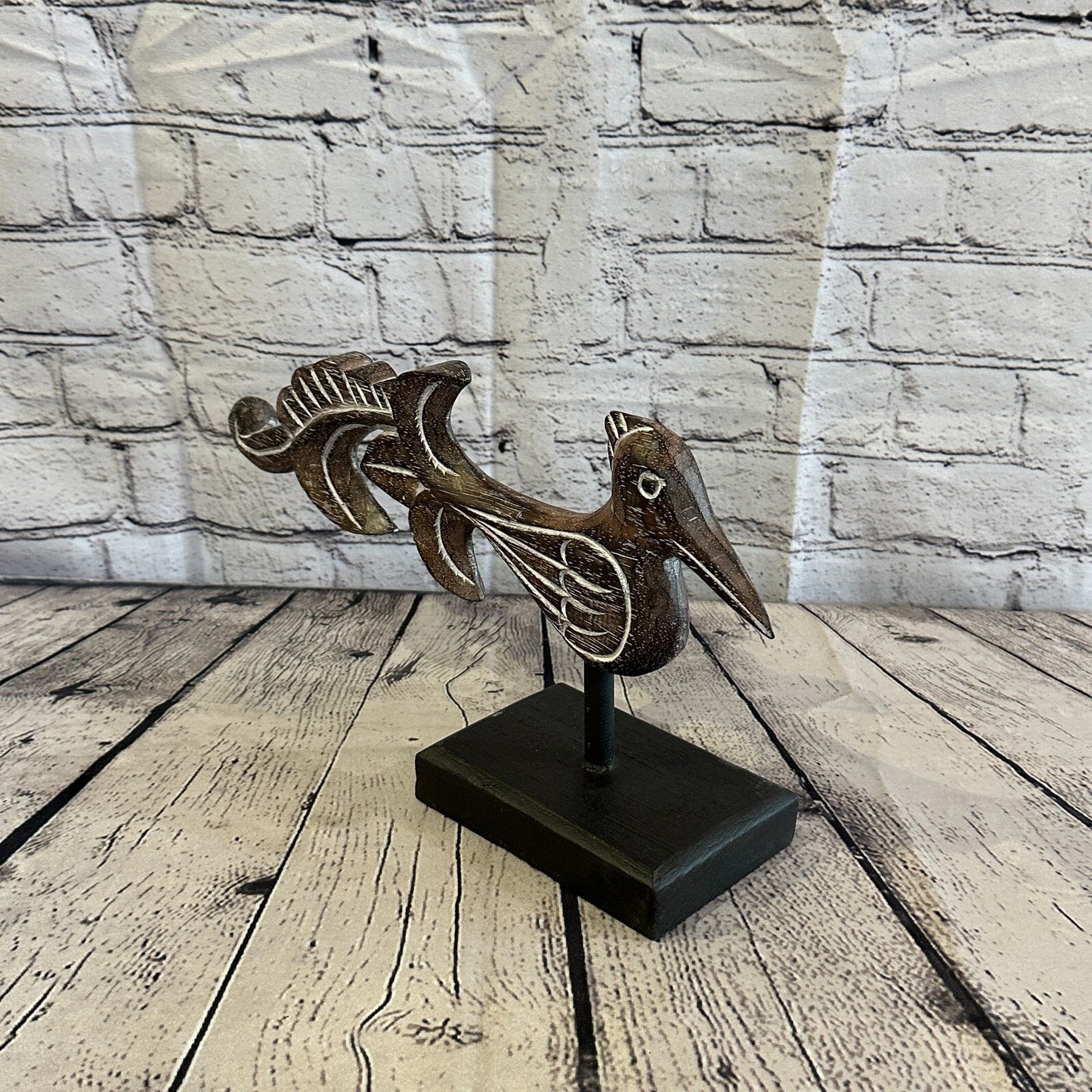 40cm x 20cm Wooden Tribal Primitive Black Phoenix Bird Stand Sculpture Statue