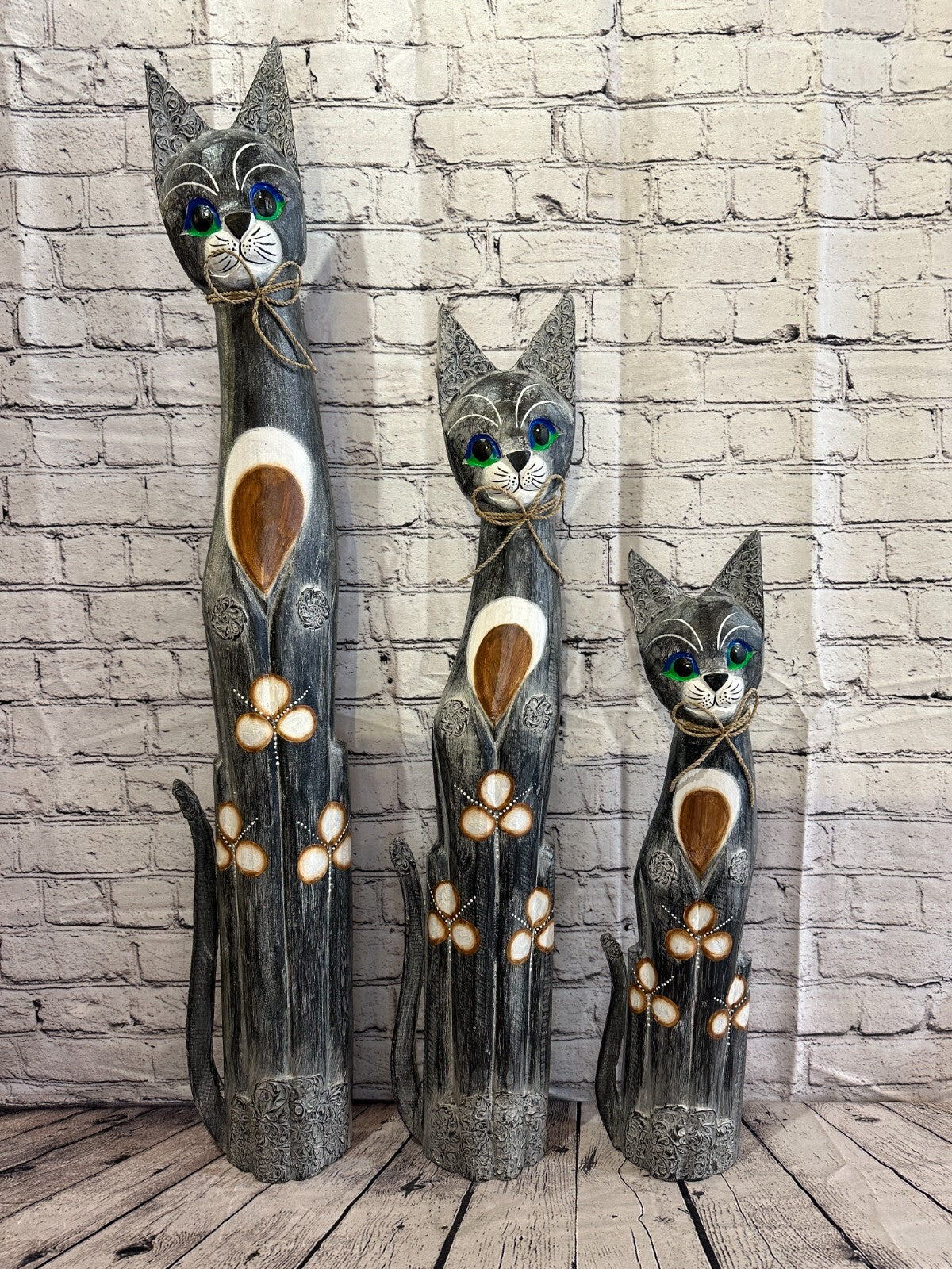 80cm Grey Swirl Flower Wooden Shabby Cat Statue Ornament Fair Trade Handcarved
