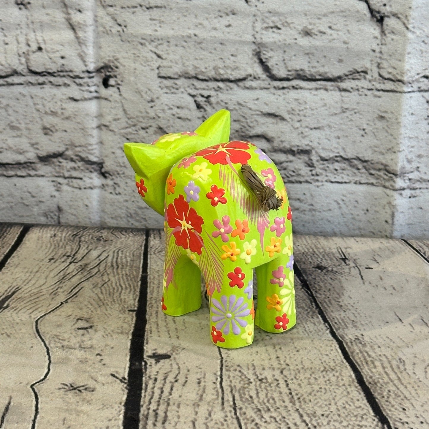 Green Small Wooden Cat With Flower Pattern 10cm x 8cm Handmade and Fairtrade