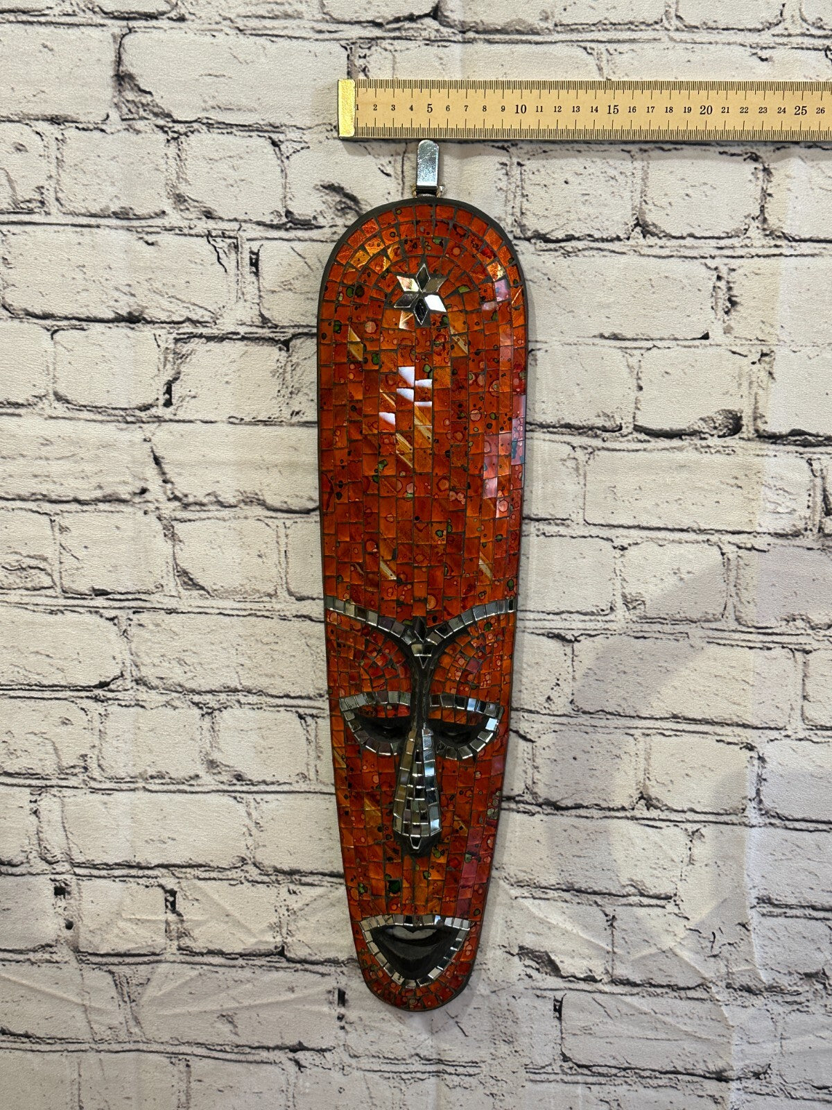 50cm Orange Mosaic Mirror Mask Carved Painted Ethnic Tribal Wall Art Handmade