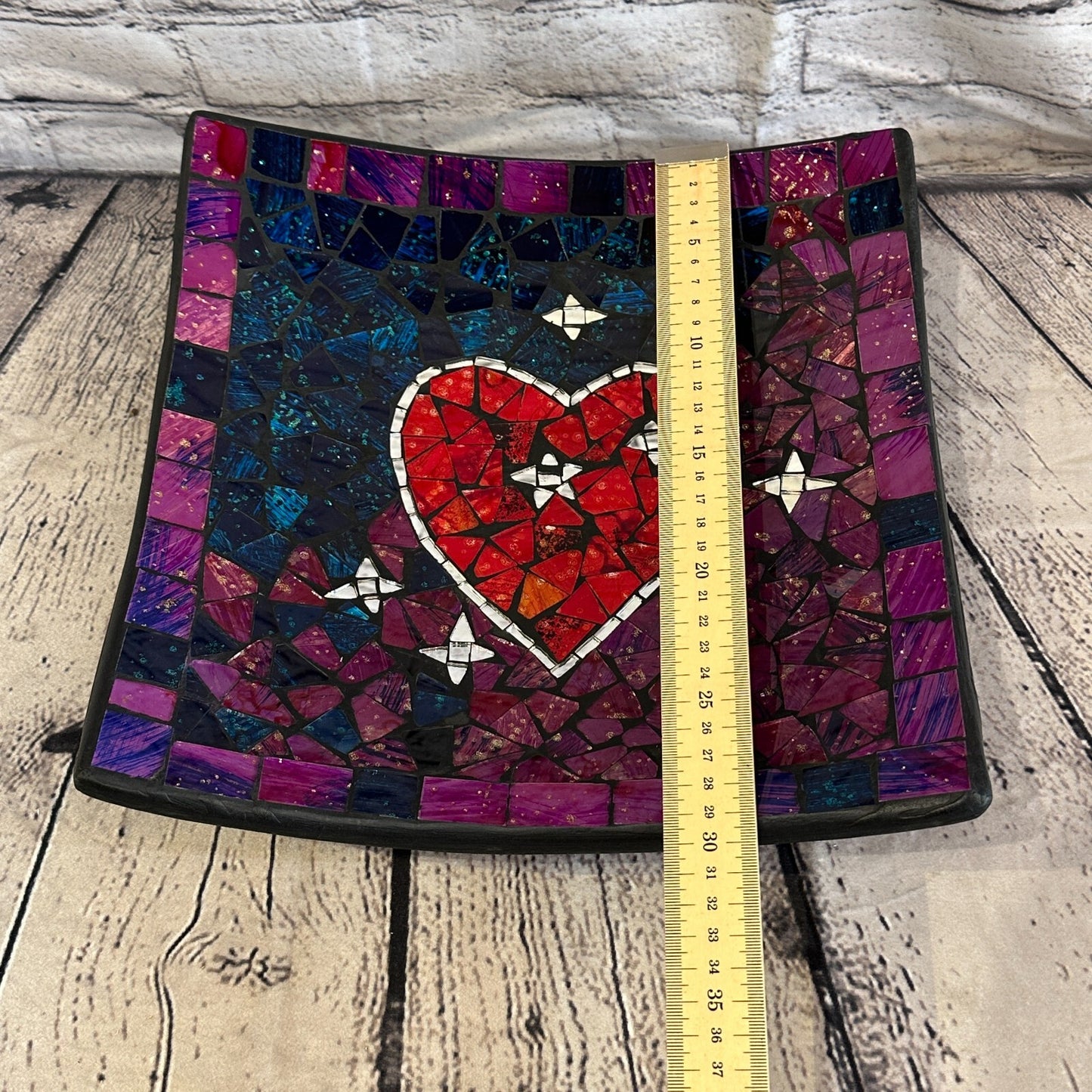 30cm Purple Red Heart Square Mosaic Handmade Ceramic Glass Tile Bowl Fruit