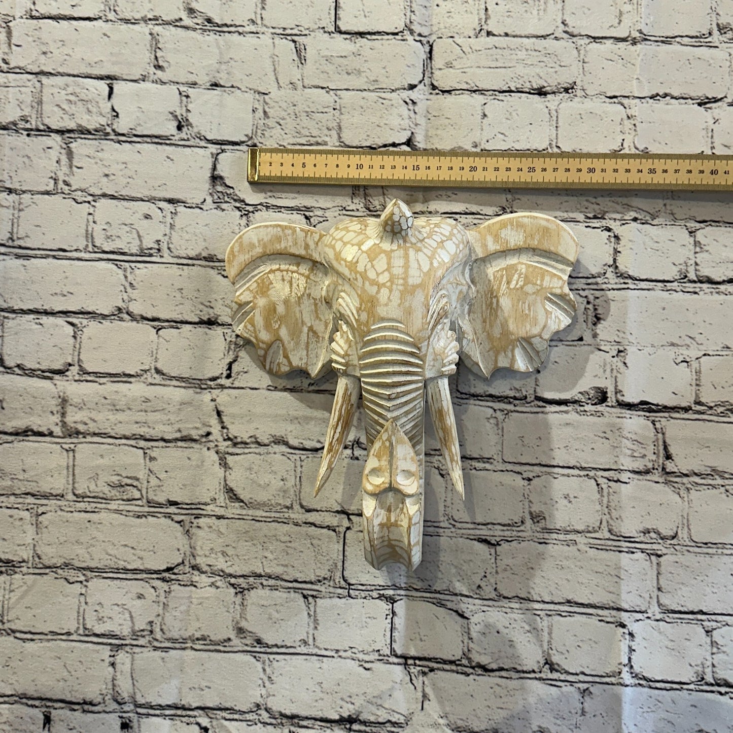 30cm x 30cm Cream White Carved Wood Elephant Head Wall Mounted Art Large Shabby