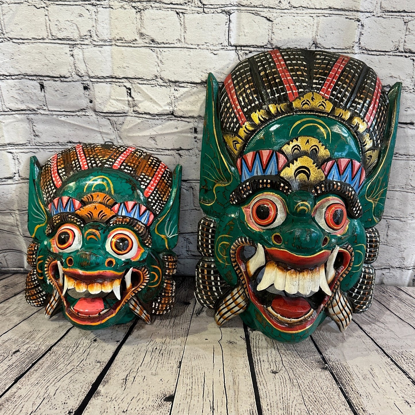 Large Wooden Green Barong Wall Mask 30cm x 25cm Handmade And Fairtrade